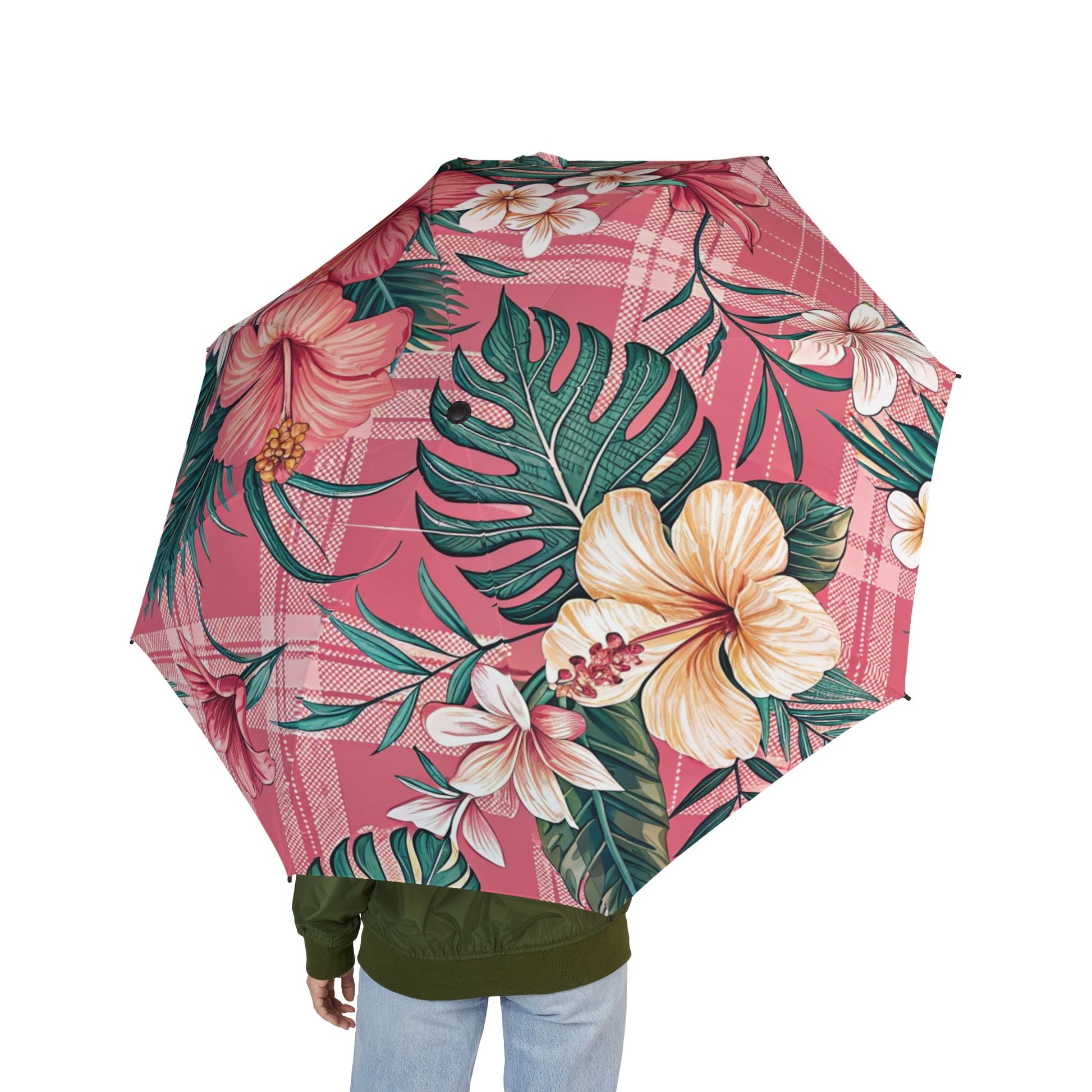 Plaid x Floral Burgundy and Green Semi-Automatic Foldable Umbrella, Artsulli - Art is Long, Life is Short, Accessories, , , , , , , 