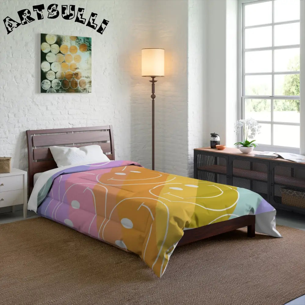 JAKKOUTTHEBXX Smiley Face x Rainbow Stripes Multi-Color Comforter
