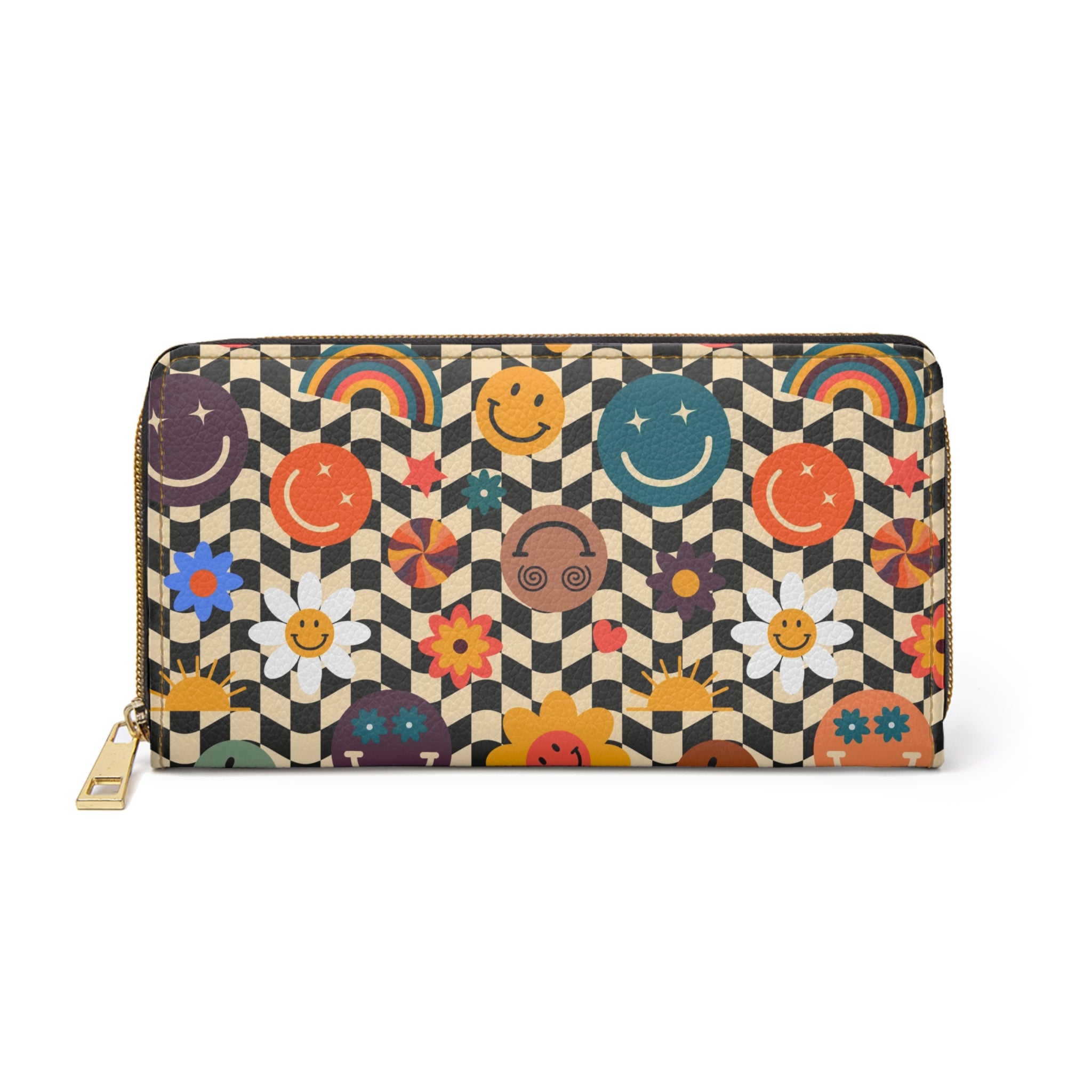 Trippy x Wavy Checkerboard x Smiley Face x Rainbow x Flowers II Multi-Color Zipper Wallet, Artsulli - Art is Long, Life is Short, Accessories, Size, One size, Color, White, , , 54173515678465649729