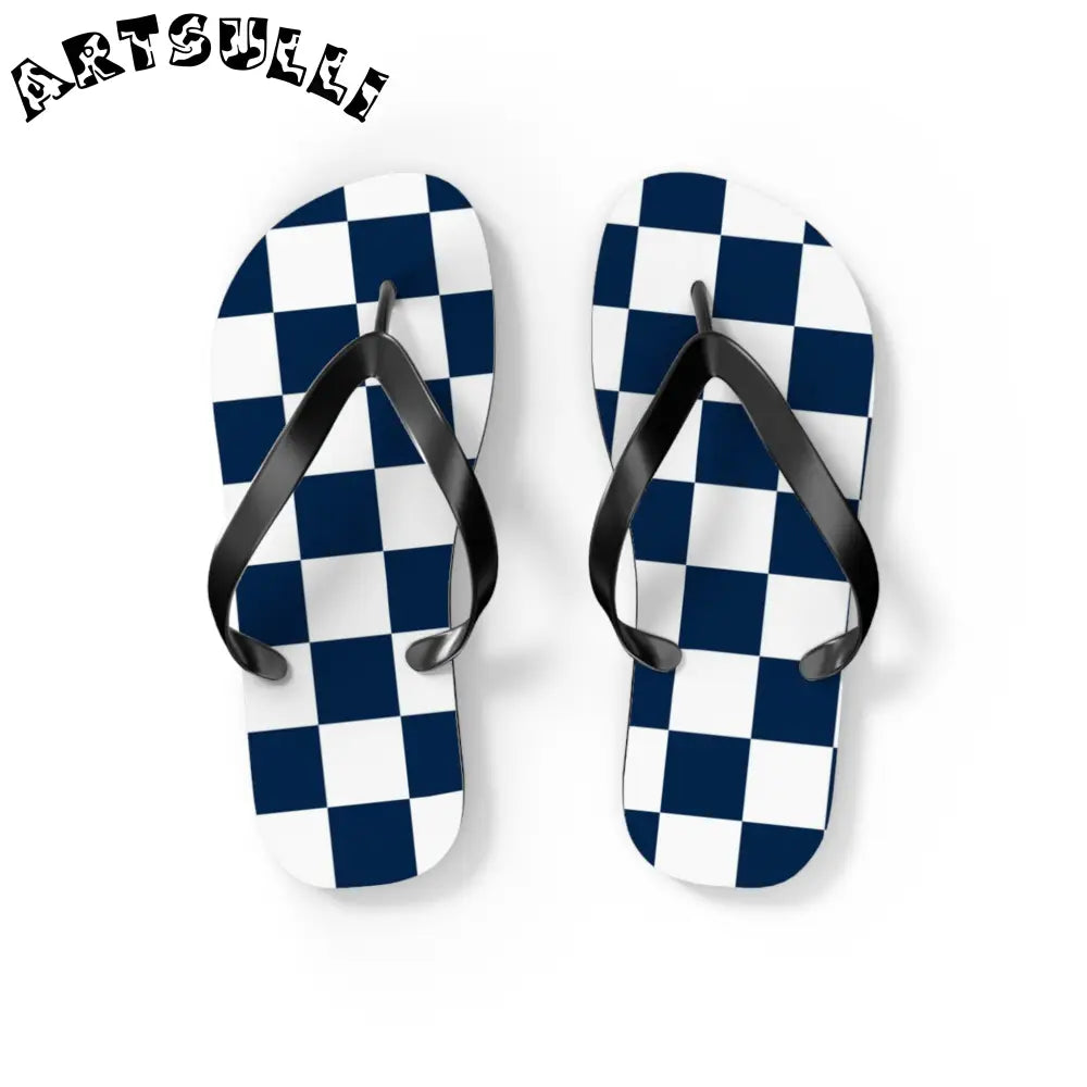 JAKKOUTTHEBXX Checkerboard White and Navy Blue Flip Flops