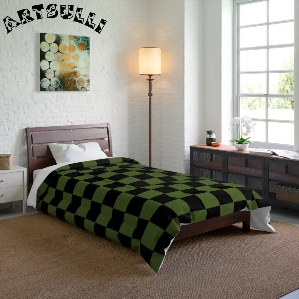 JAKKOUTTHEBXX Checkerboard Olive Green and Black Comforter