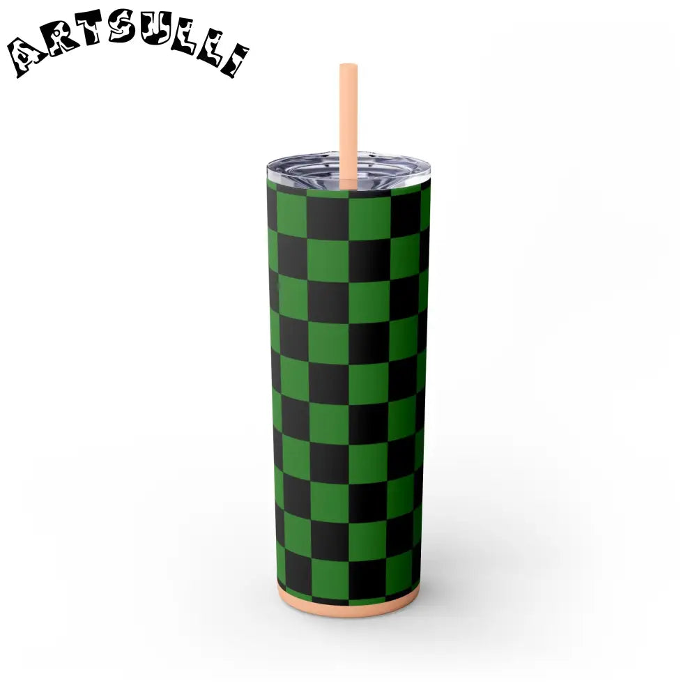 JAKKOUTTHEBXX Checkerboard Green and Black Skinny Tumbler with Straw