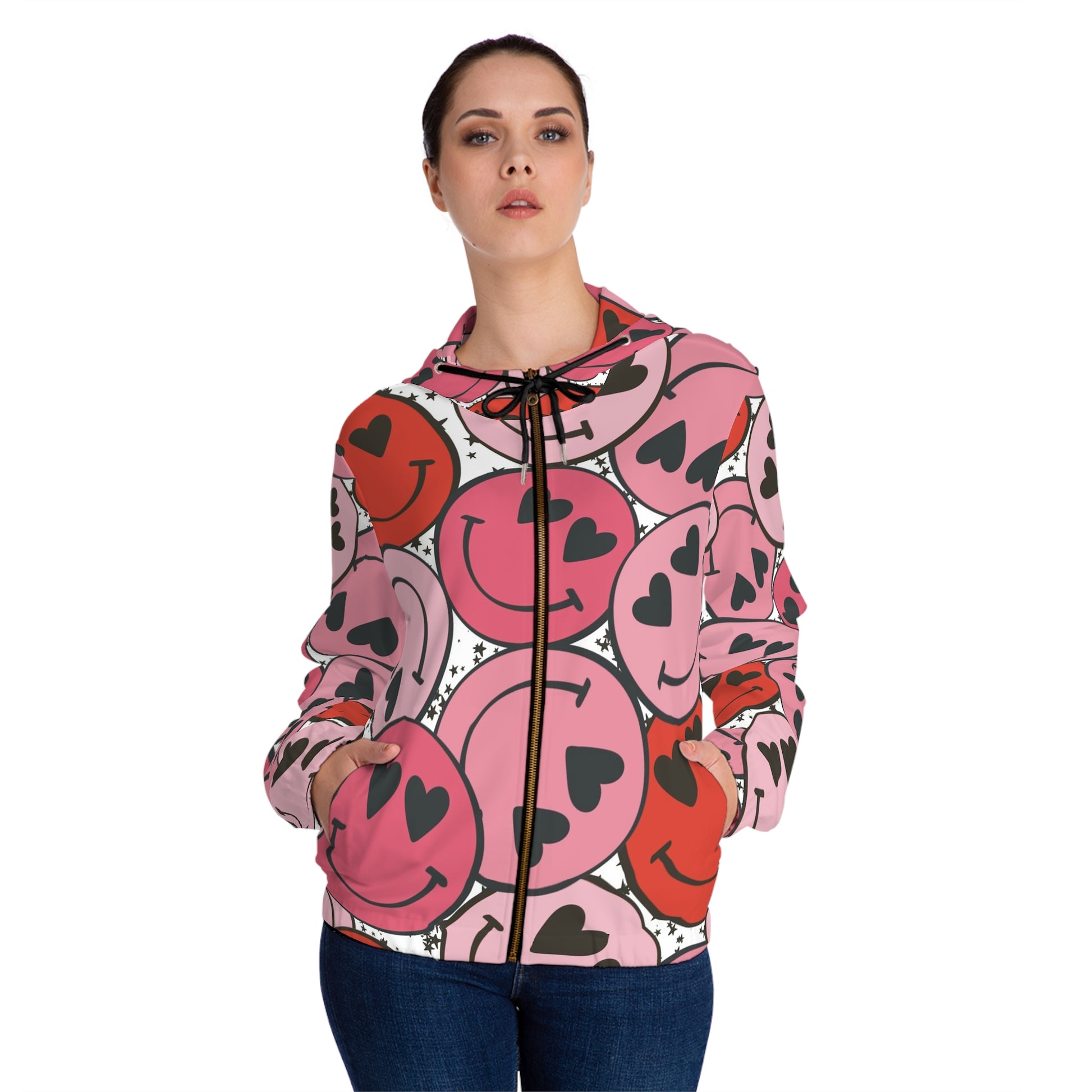 Smiley Face x Heart Eyes Pink and Red Women’s Full-Zip Hoodie (AOP), Artsulli - Art is Long, Life is Short, All Over Prints, , , , , , , 
