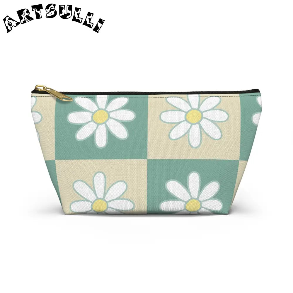 JAKKOUTTHEBXX Retro Daisy Checkerboard Green and Tan Accessory Pouch