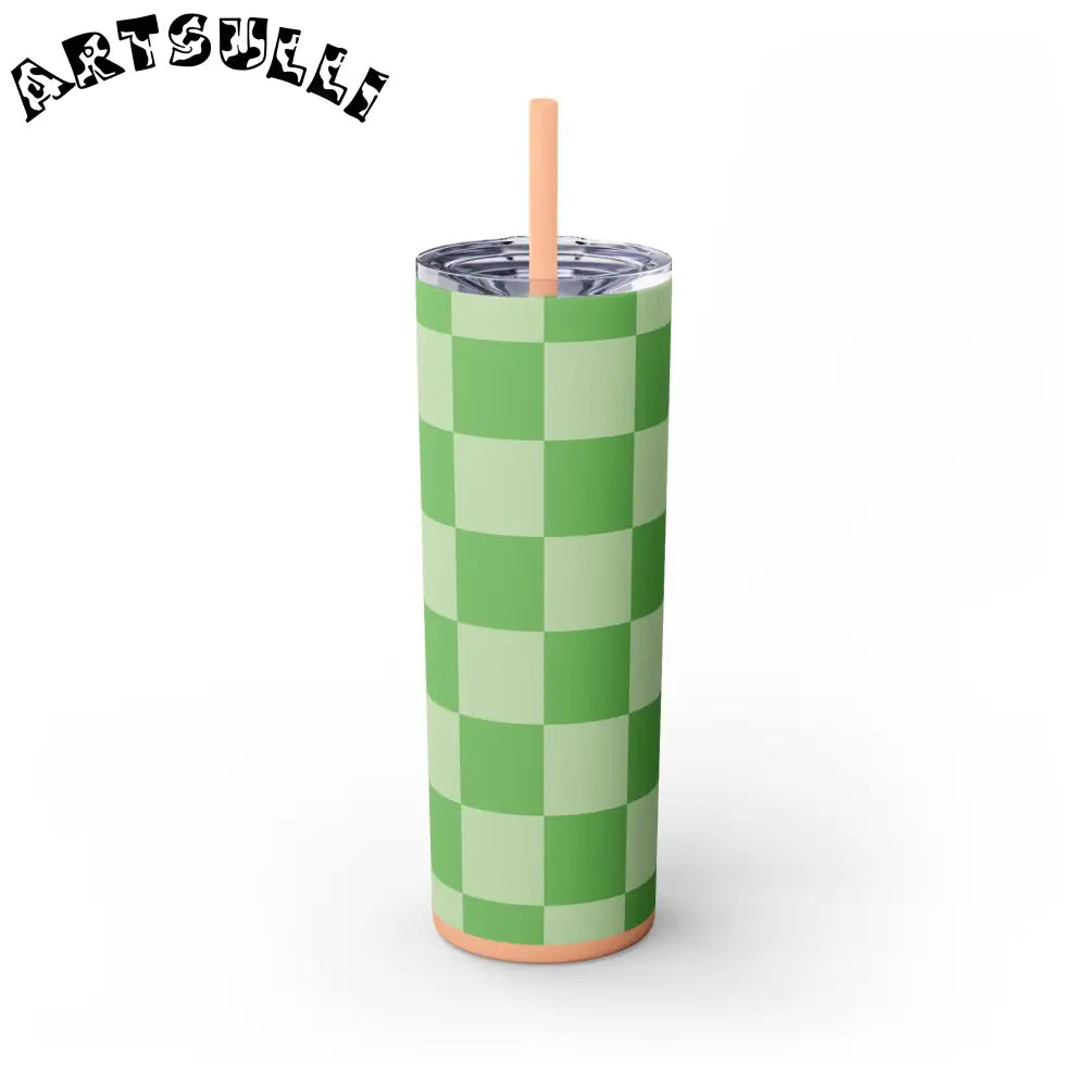 JAKKOUTTHEBXX Checkerboard Green Skinny Tumbler with Straw 20oz