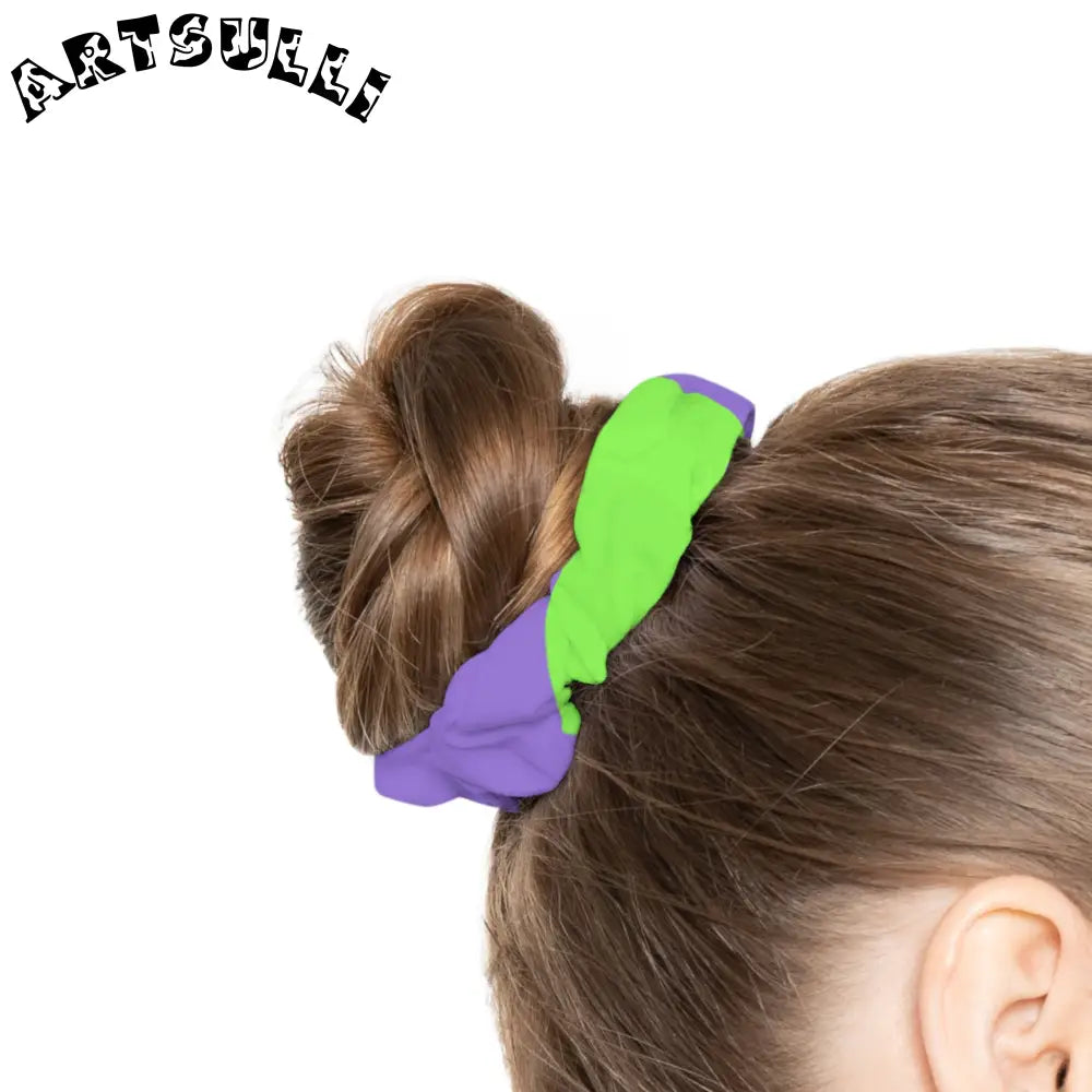 JAKKOUTTHEBXX Tyrannosaurus Print Green and Purple Scrunchie