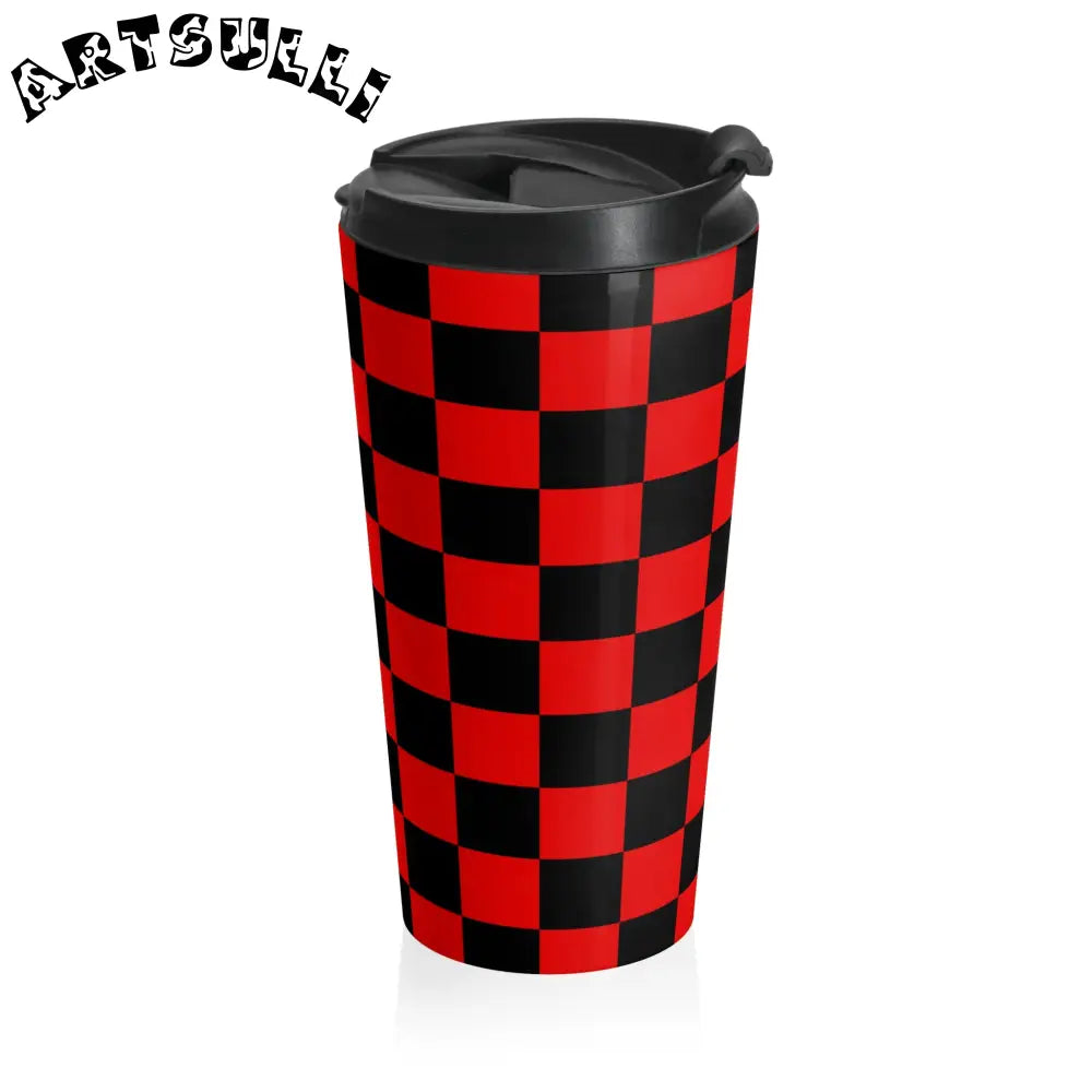JAKKOUTTHEBXX Checkerboard Red and Black Stainless Steel Travel Mug