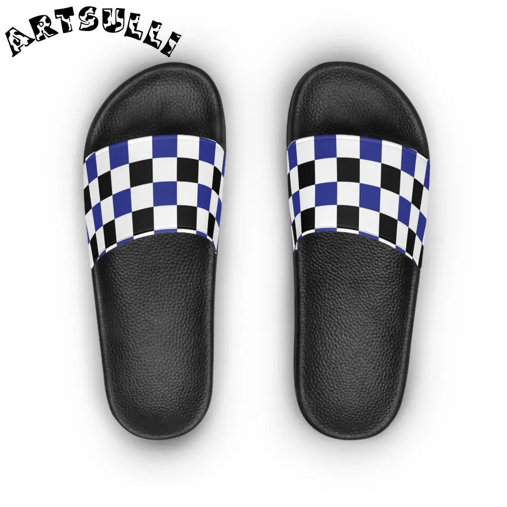 JAKKOUTTHEBXX Checkerboard Blue White and Black Women’s Slide