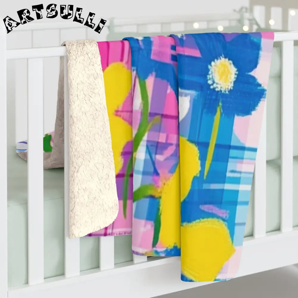 JAKKOUTTHEBXX Plaid Garden Pink and Blue Sherpa Fleece Blanket