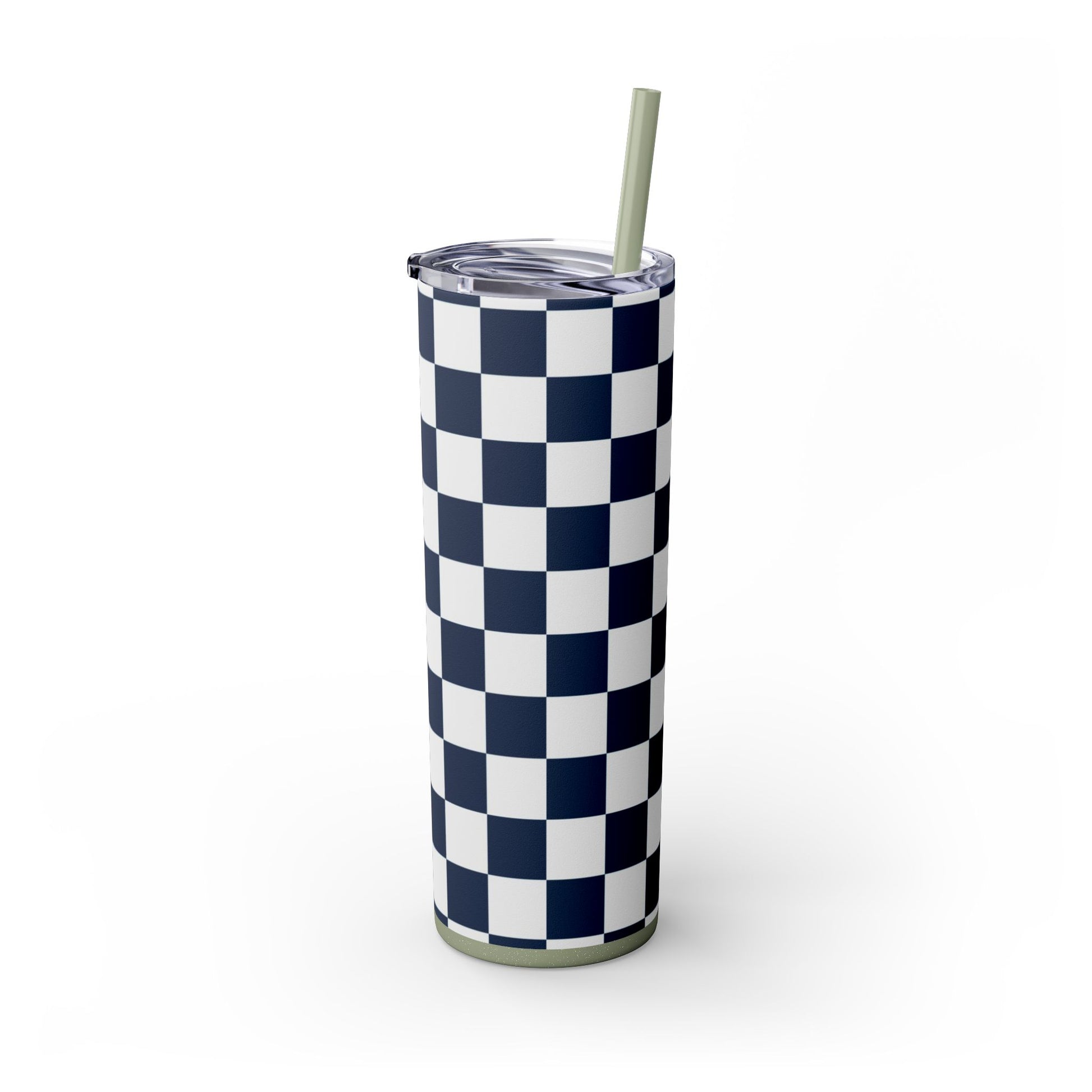 Checkerboard White and Navy Blue Skinny Tumbler with Straw, 20oz, Artsulli - Art is Long, Life is Short, Mug, , , , , , , 