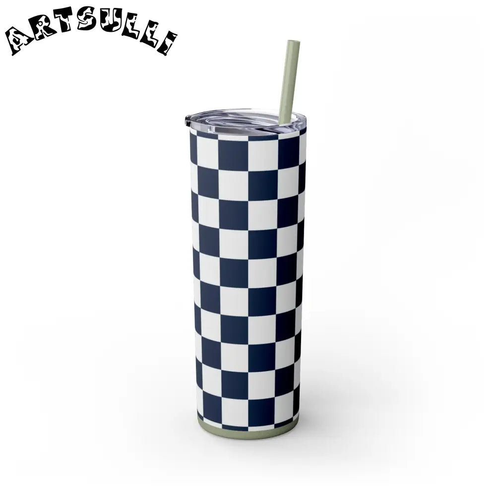 JAKKOUTTHEBXX Checkerboard White and Navy Blue Skinny Tumbler