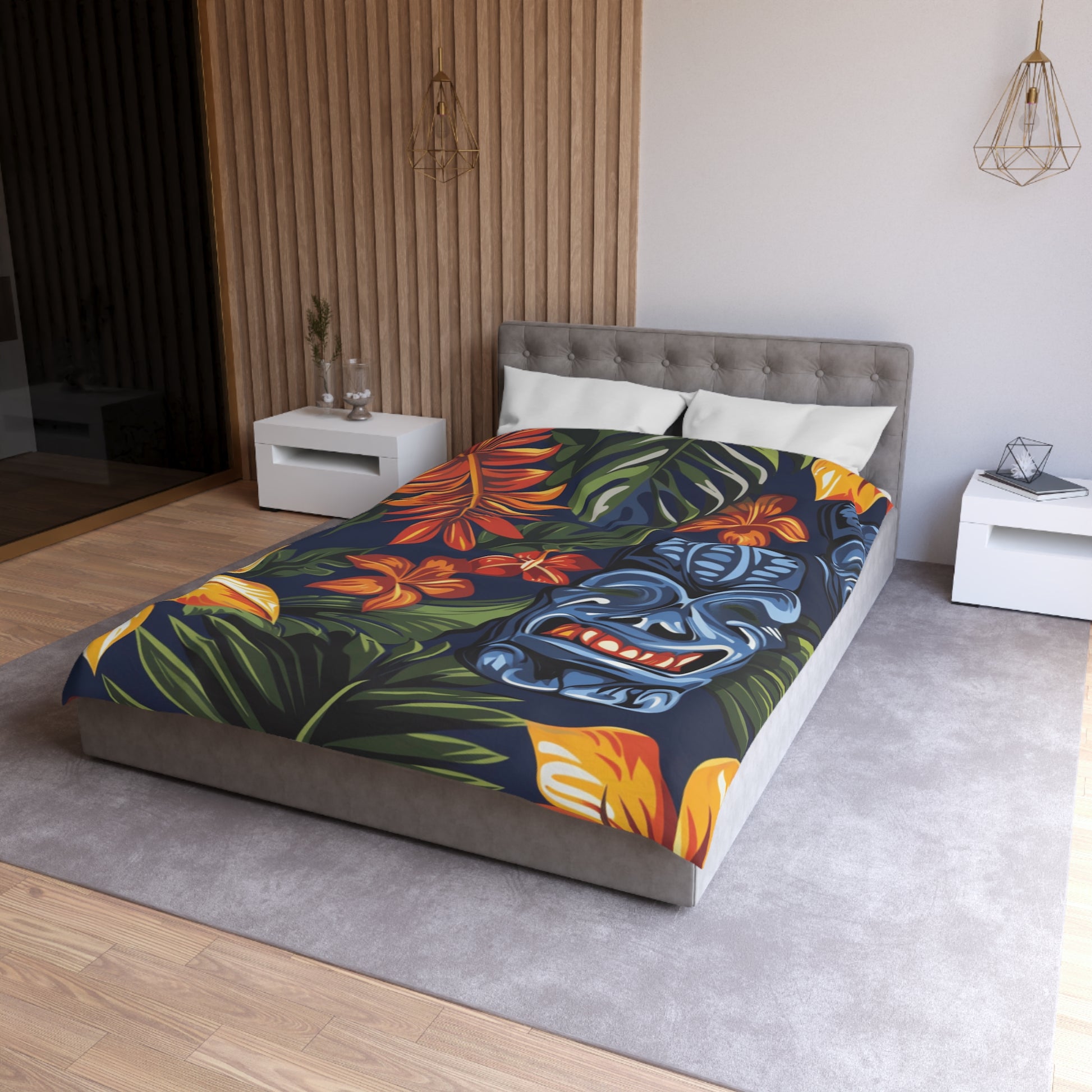 Tiki Bloom Navy Microfiber Duvet Cover, Artsulli - Art is Long, Life is Short, Home Decor, , , , , , , 