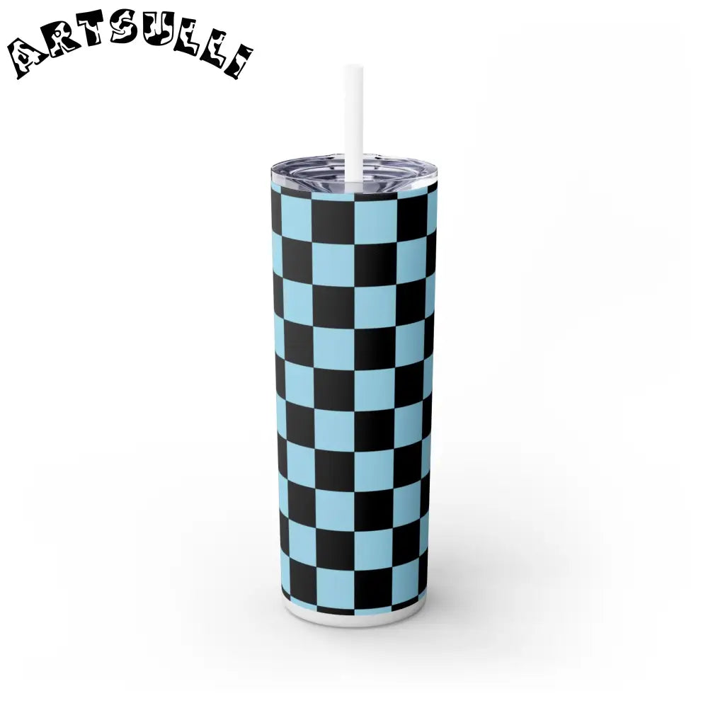 JAKKOUTTHEBXX Checkerboard Black and Blue Skinny Tumbler with Straw