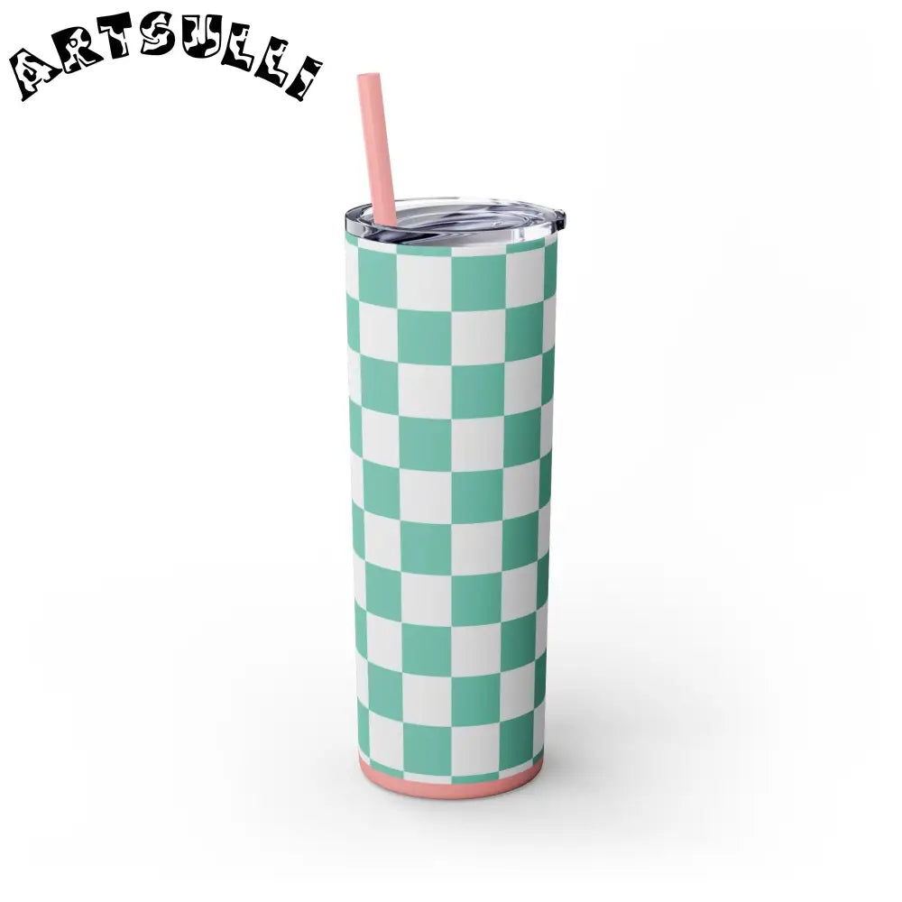 JAKKOUTTHEBXX Checkerboard Light Green Skinny Tumbler with Straw