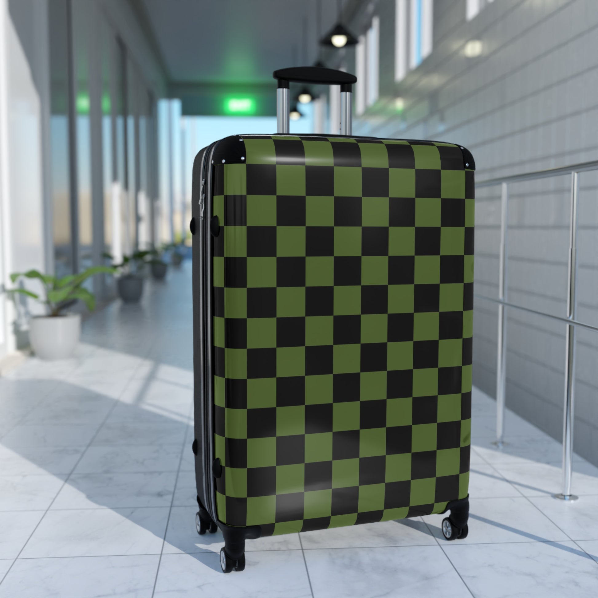 Checkerboard Olive Green and Black Suitcase, Artsulli - Art is Long, Life is Short, Bags, , , , , , , 