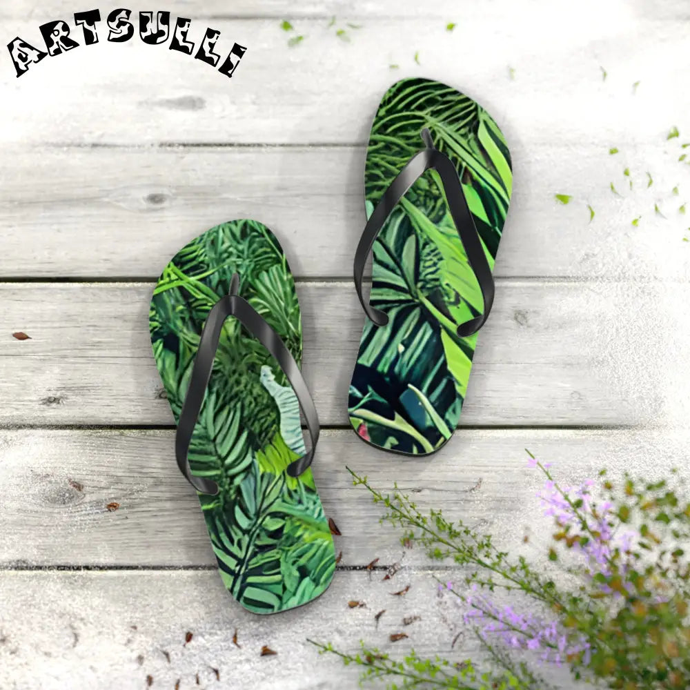 JAKKOUTTHEBXX Black Strapped Flip Flops with Green Leaf Pattern