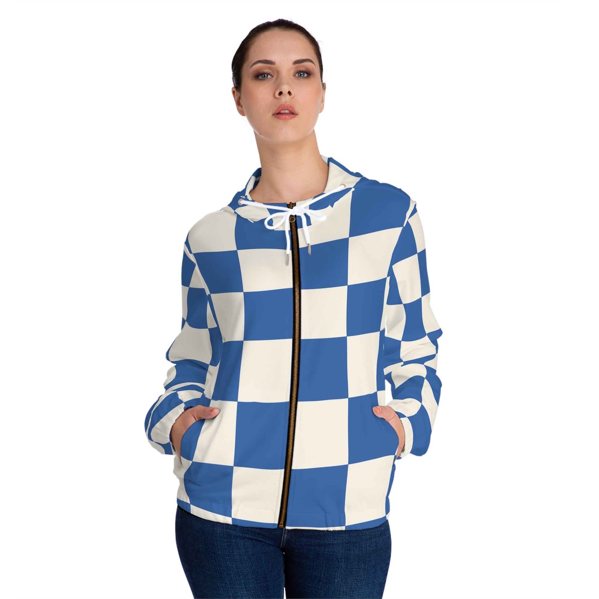 Checkerboard Blue Women’s Full-Zip Hoodie (AOP), Artsulli - Art is Long, Life is Short, All Over Prints, , , , , , , 