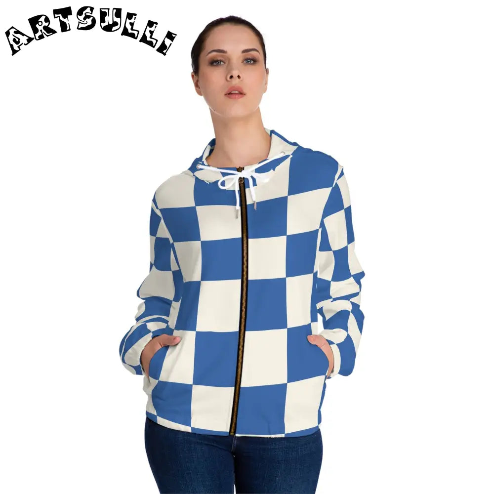 JAKKOUTTHEBXX Checkerboard Blue Women’s Full-Zip Hoodie (AOP)