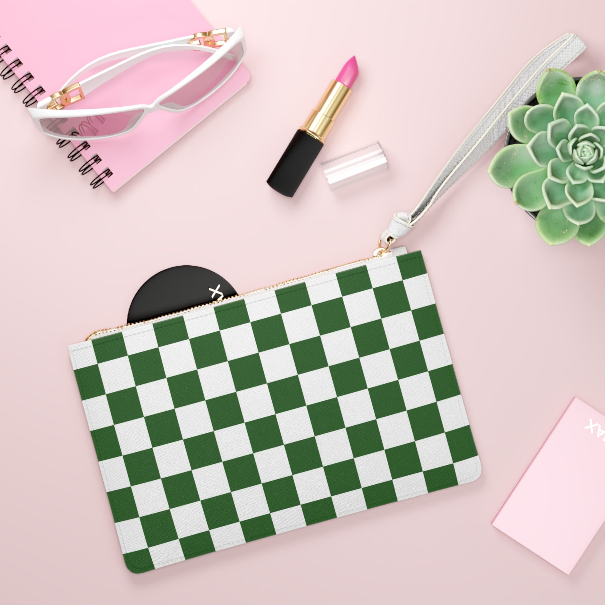 Checkerboard White and Dark Green Clutch Bag, Artsulli - Art is Long, Life is Short, Bags, , , , , , , 