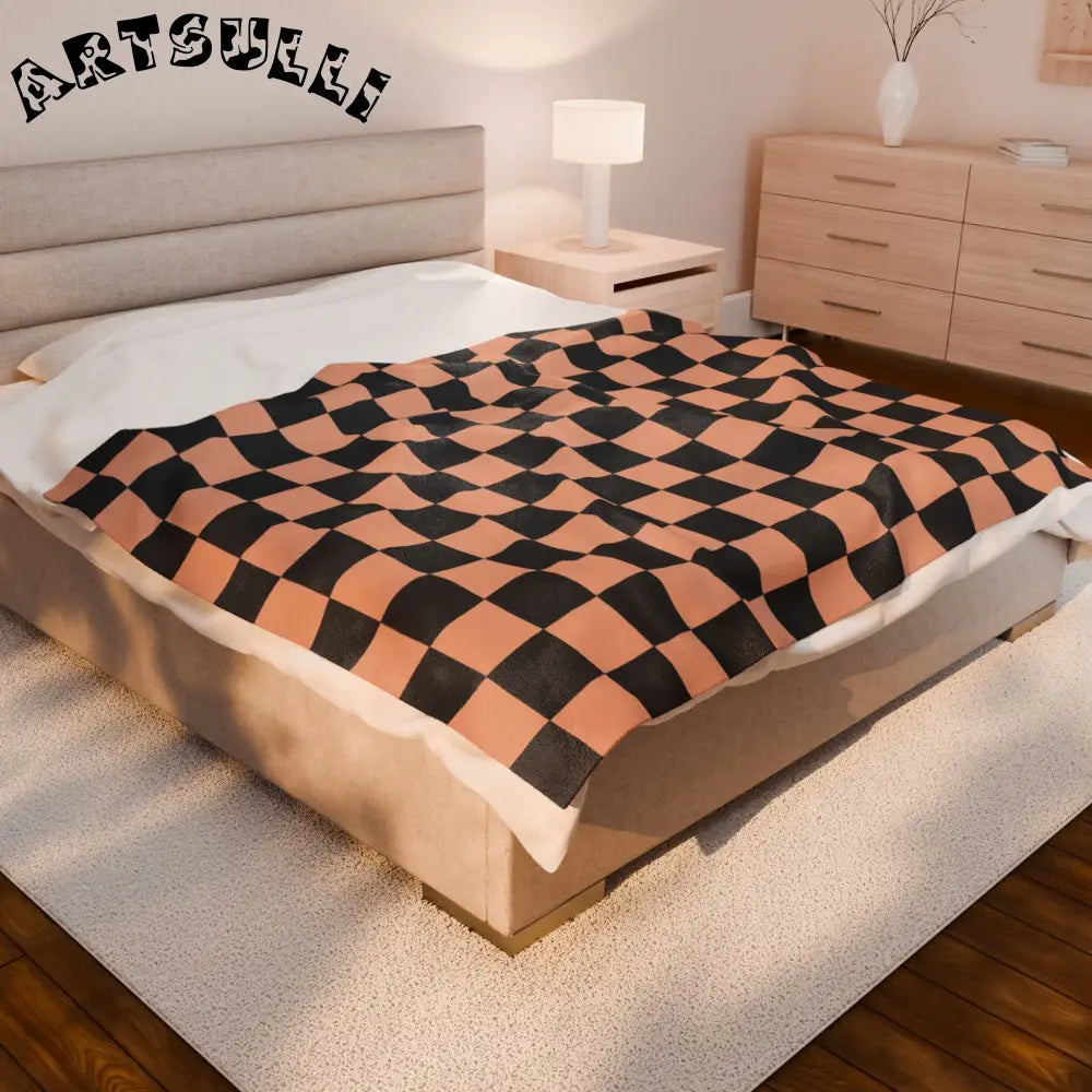 JAKKOUTTHEBXX Checkerboard Soft Orange and Black Velveteen Plush