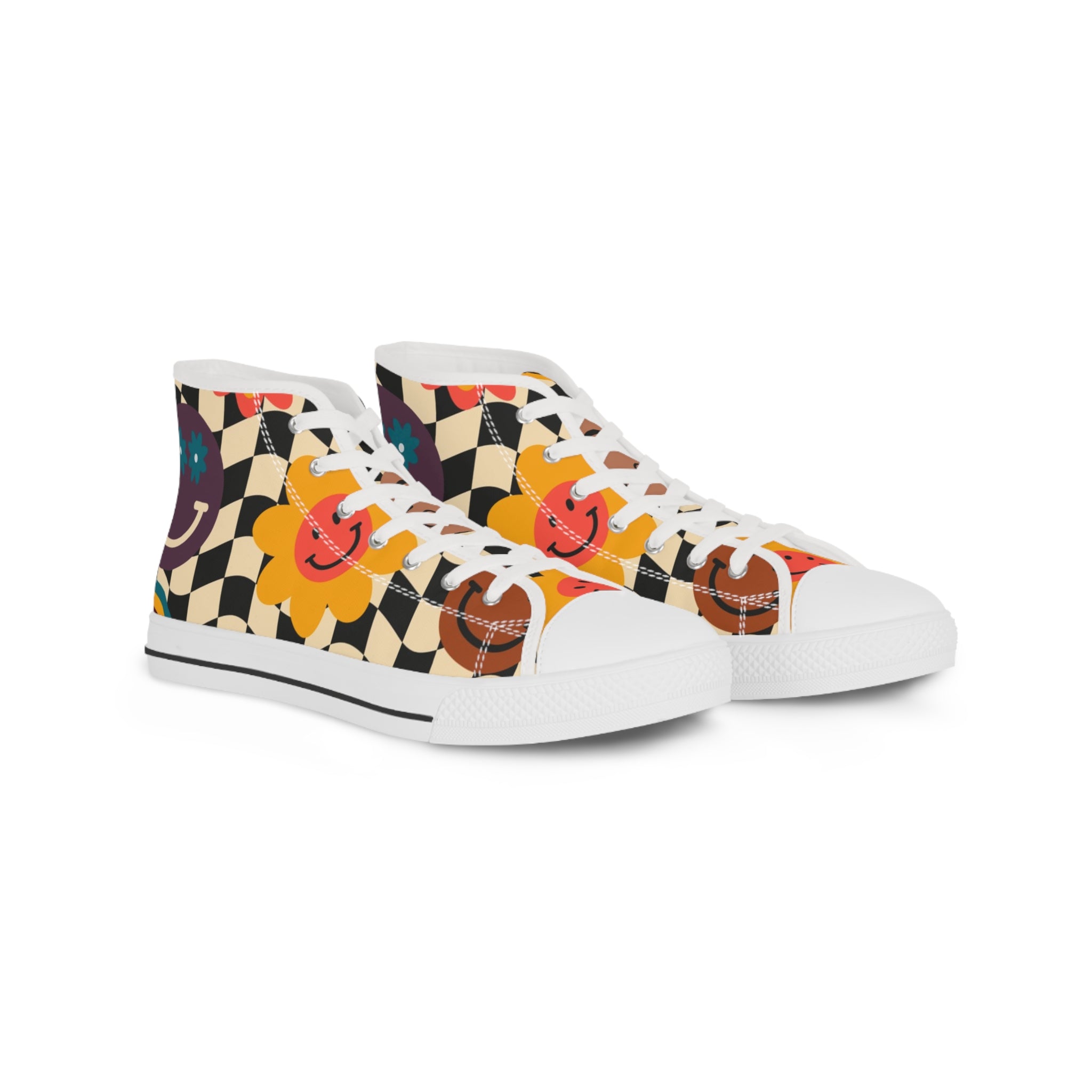 Trippy x Wavy Checkerboard x Smiley Face x Rainbow x Flowers Multi-Color Men's High Top Sneakers, Artsulli - Art is Long, Life is Short, Shoes, Size, US 5, Color, White sole, , , 16505032769966313889