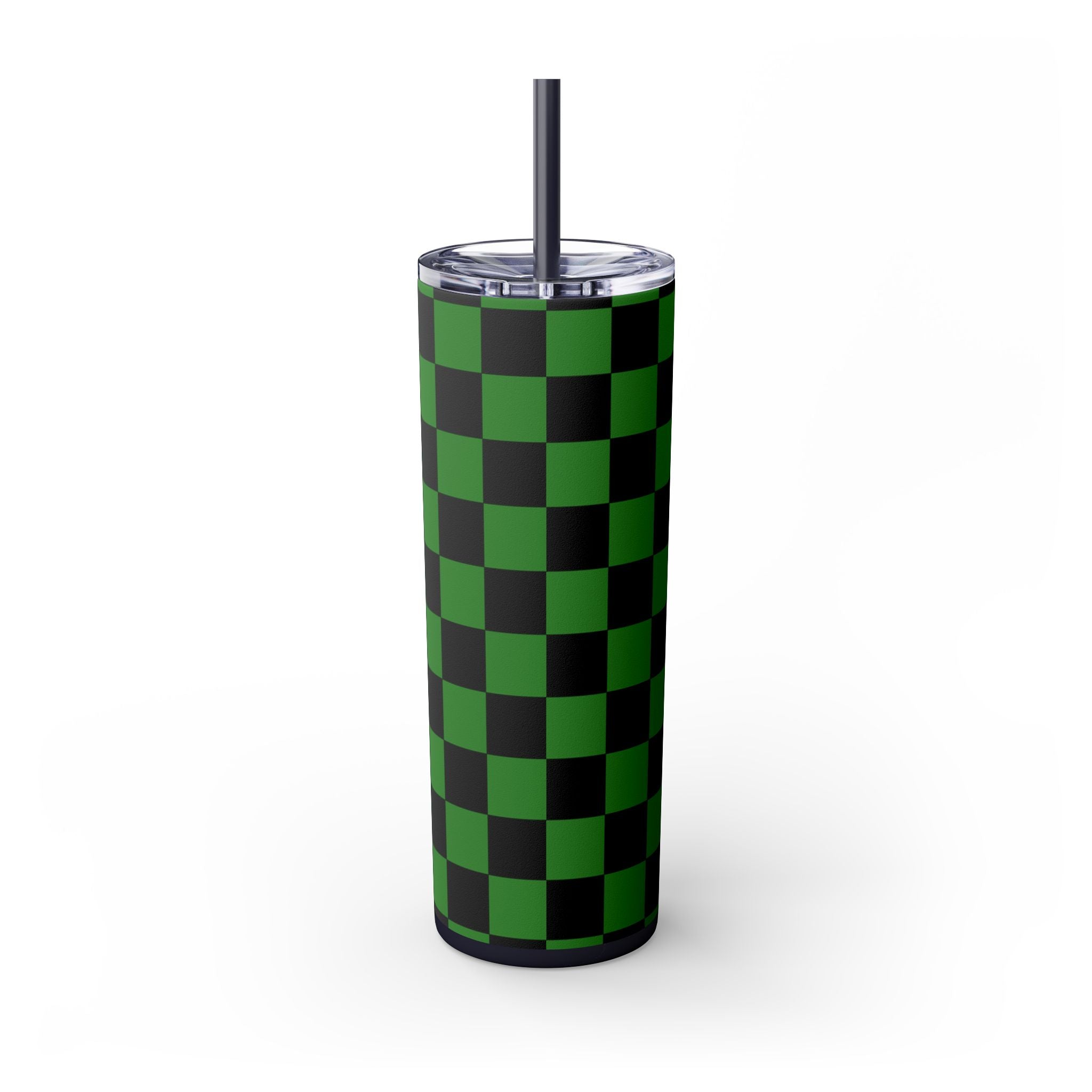 Checkerboard Green and Black Skinny Tumbler with Straw, 20oz, Artsulli - Art is Long, Life is Short, Mug, , , , , , , 