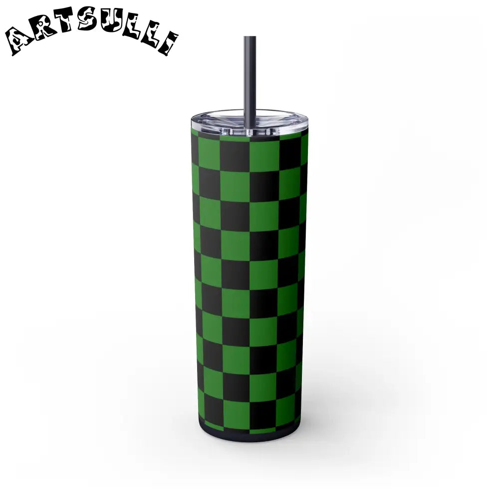 JAKKOUTTHEBXX Checkerboard Green and Black Skinny Tumbler with Straw