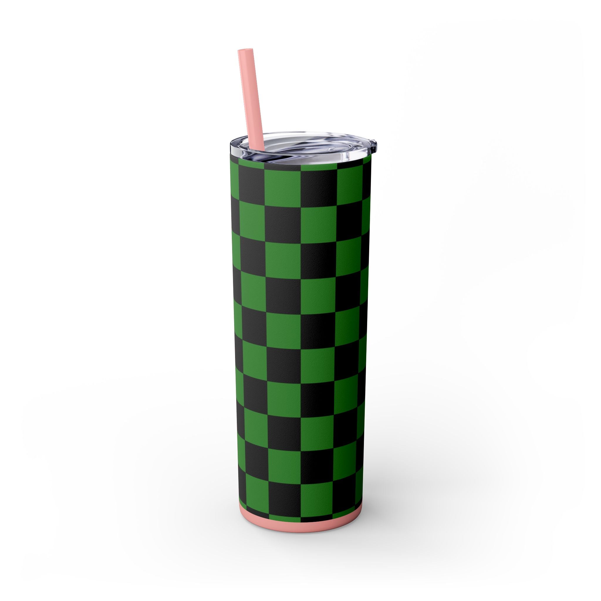 Checkerboard Green and Black Skinny Tumbler with Straw, 20oz, Artsulli - Art is Long, Life is Short, Mug, , , , , , , 