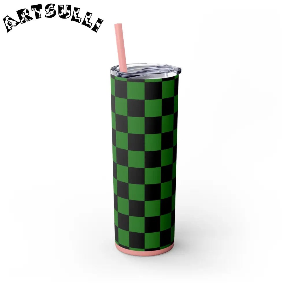 JAKKOUTTHEBXX Checkerboard Green and Black Skinny Tumbler with Straw