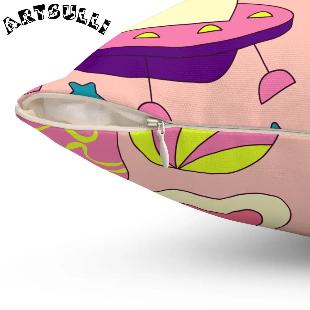 JAKKOUTTHEBXX Trippy Spaceships Pink Spun Polyester Square Pillow