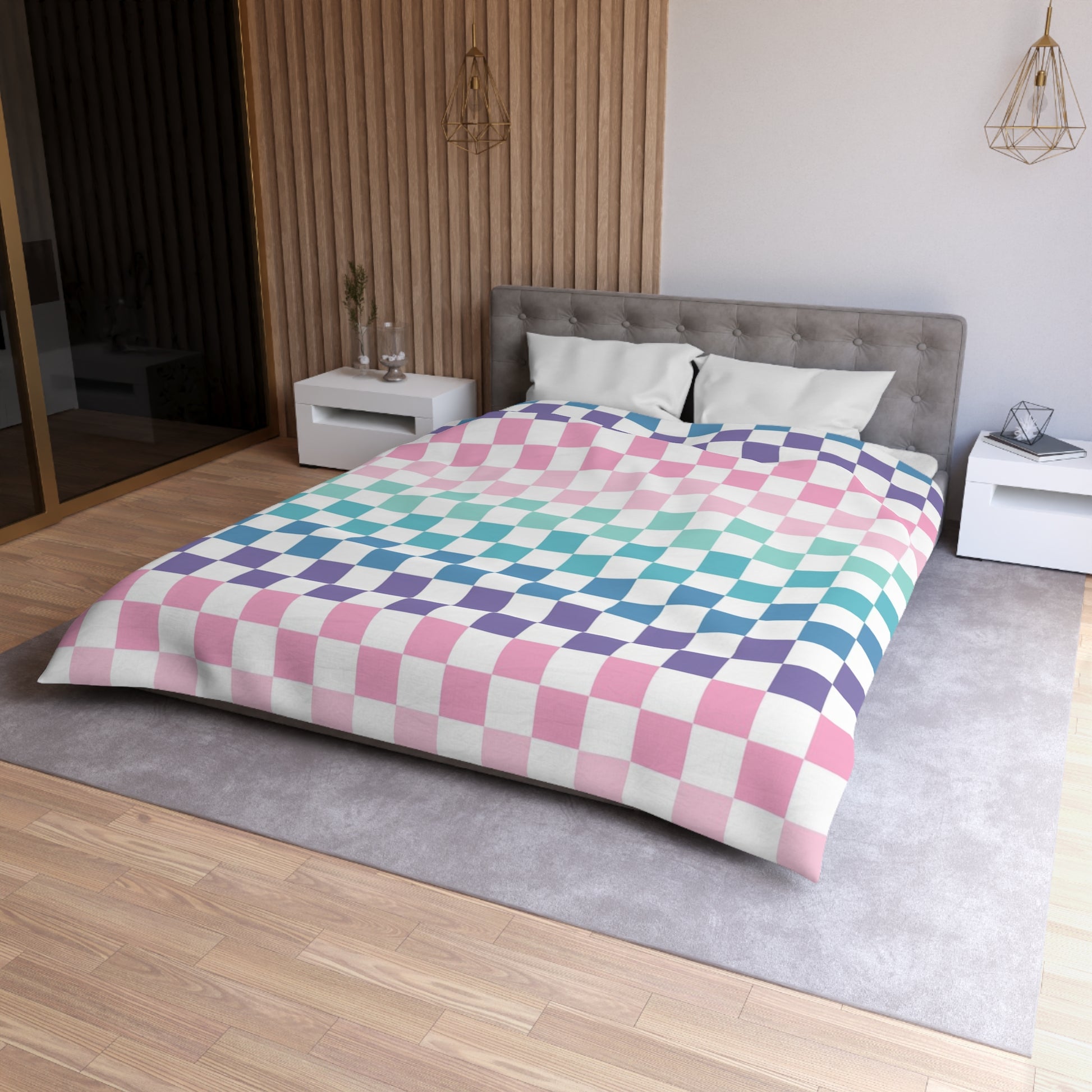 Vaporwave Rainbow  Checkerboard Multi-Color Microfiber Duvet Cover, Artsulli - Art is Long, Life is Short, Home Decor, , , , , , , 