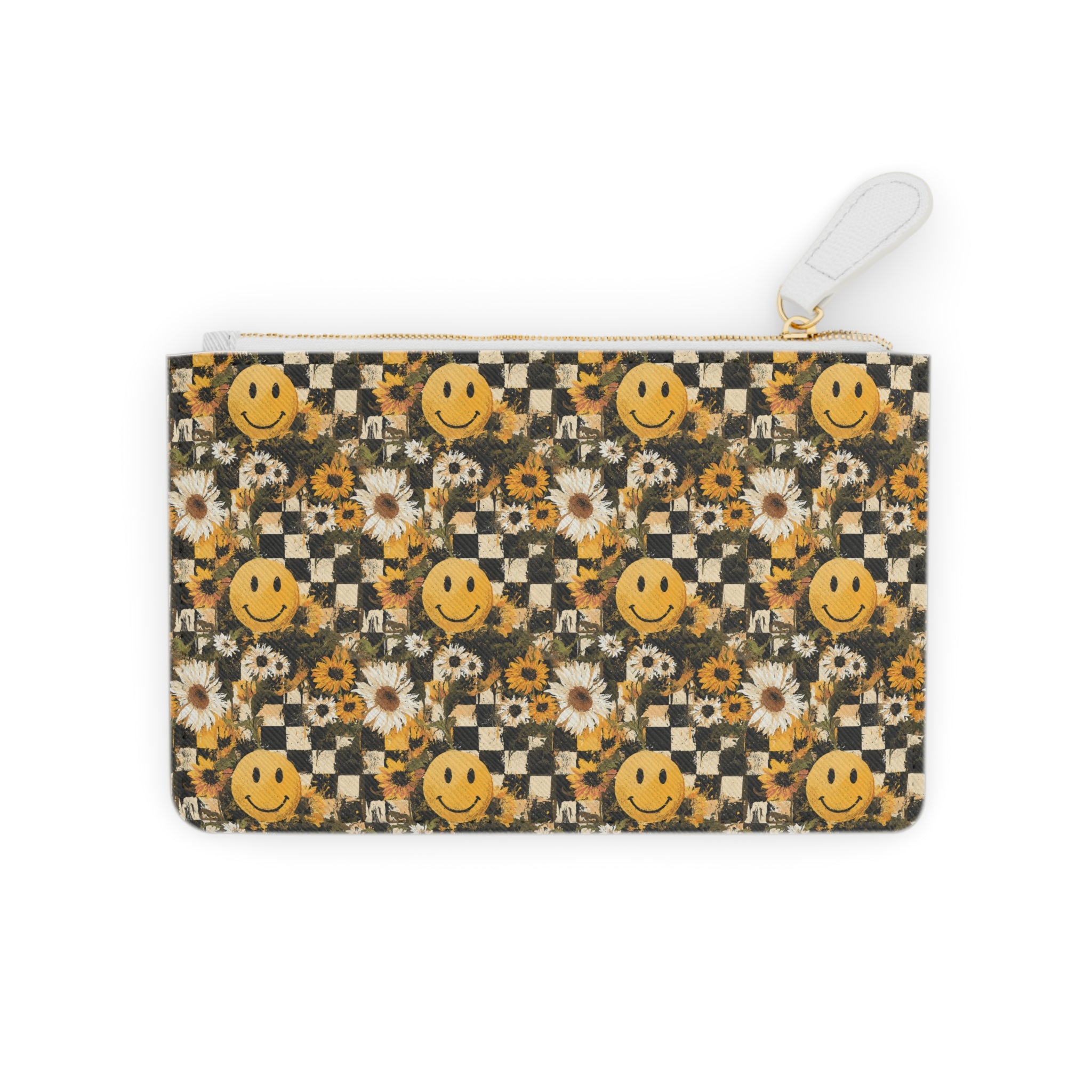Smiley Face x Checkerboard x Sunflowers x Trippy x Vintage Black and Yellow Mini Clutch Bag, Artsulli - Art is Long, Life is Short, Bags, Size, 6.3” x 4”, Color, White, , , 29391397420543838467