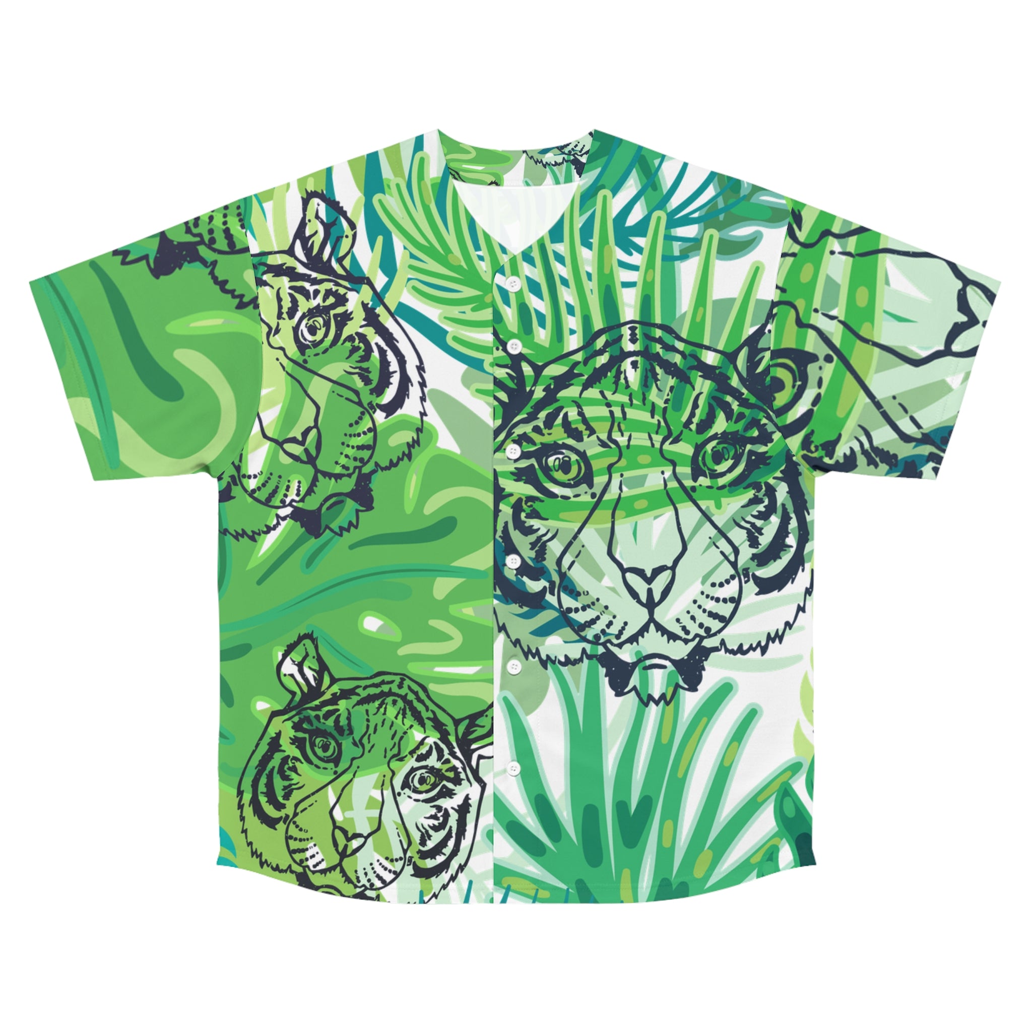 Tropical Jungle Tigers Green Men's Baseball Jersey (AOP), Artsulli - Art is Long, Life is Short, All Over Prints, Size, S, Color, Seam thread color automatically matched to design, , , 14798457091053