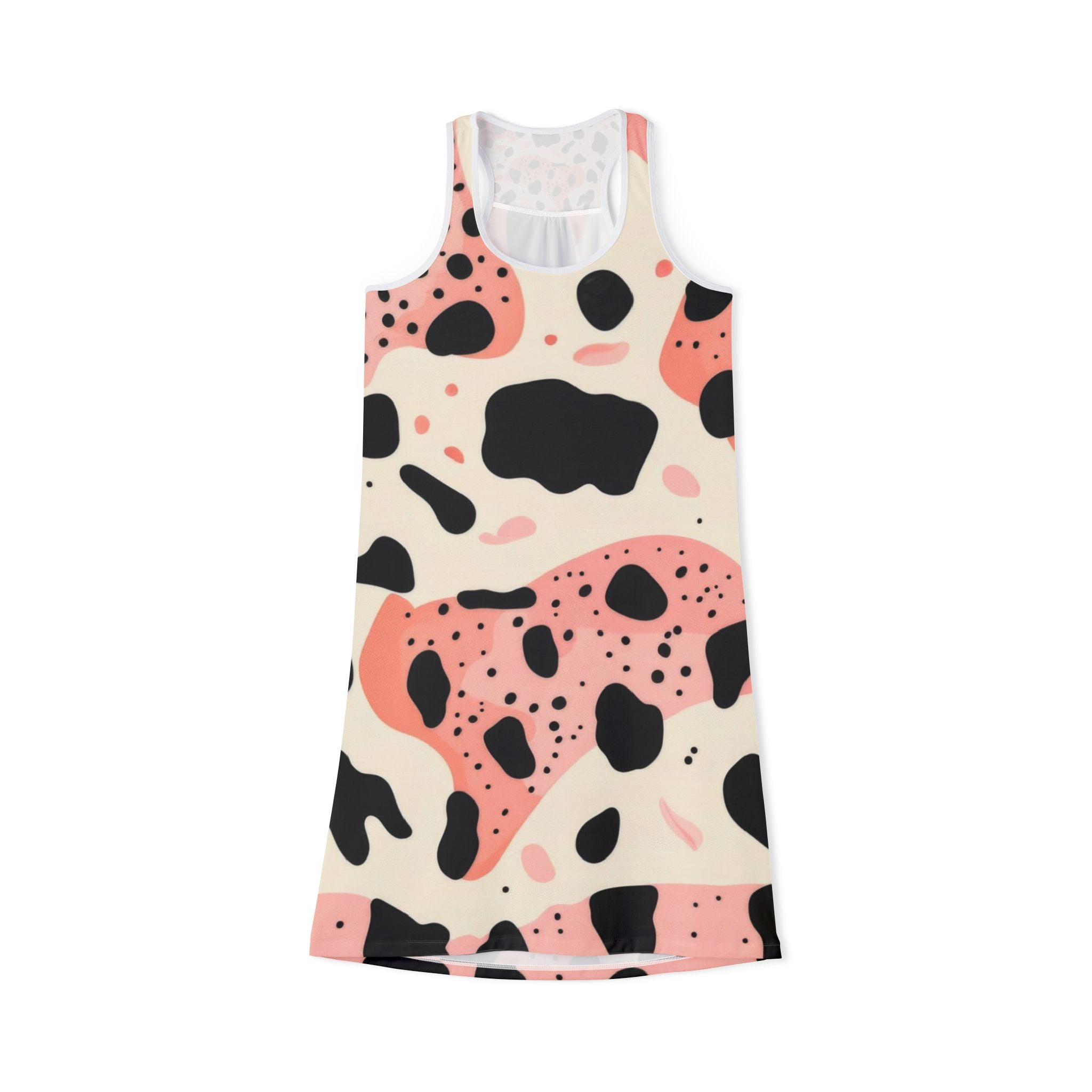 Organic Cow Print Cream and Pink Women's Racerback Dress (AOP), Artsulli - Art is Long, Life is Short, Tank Top, Size, XS, Color, White, , , 86799607786273