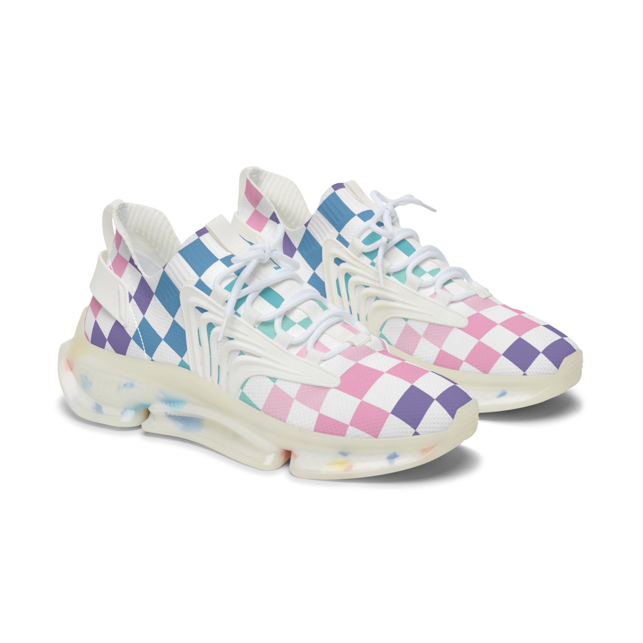 Vaporwave Rainbow  Checkerboard Multi-Color Women's Mesh Sneakers, Artsulli - Art is Long, Life is Short, Shoes, Color, White sole, Size, US 5.5, , , 33173157609816359509