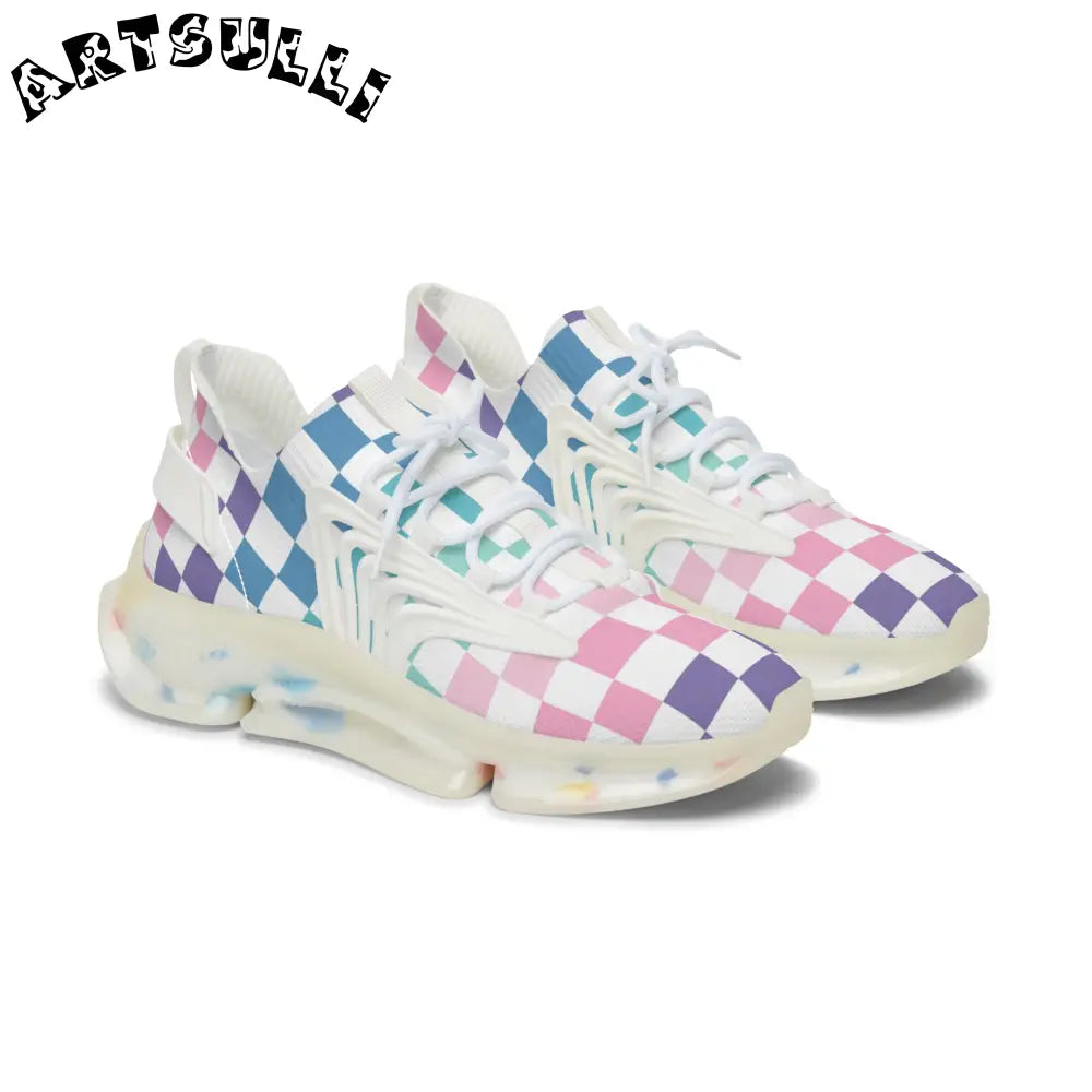 Vaporwave Rainbow  Checkerboard Multi-Color Women's Mesh Sneakers, Artsulli - Art is Long, Life is Short, Shoes, Color, White sole, Size, US 5.5, , , 33173157609816359509