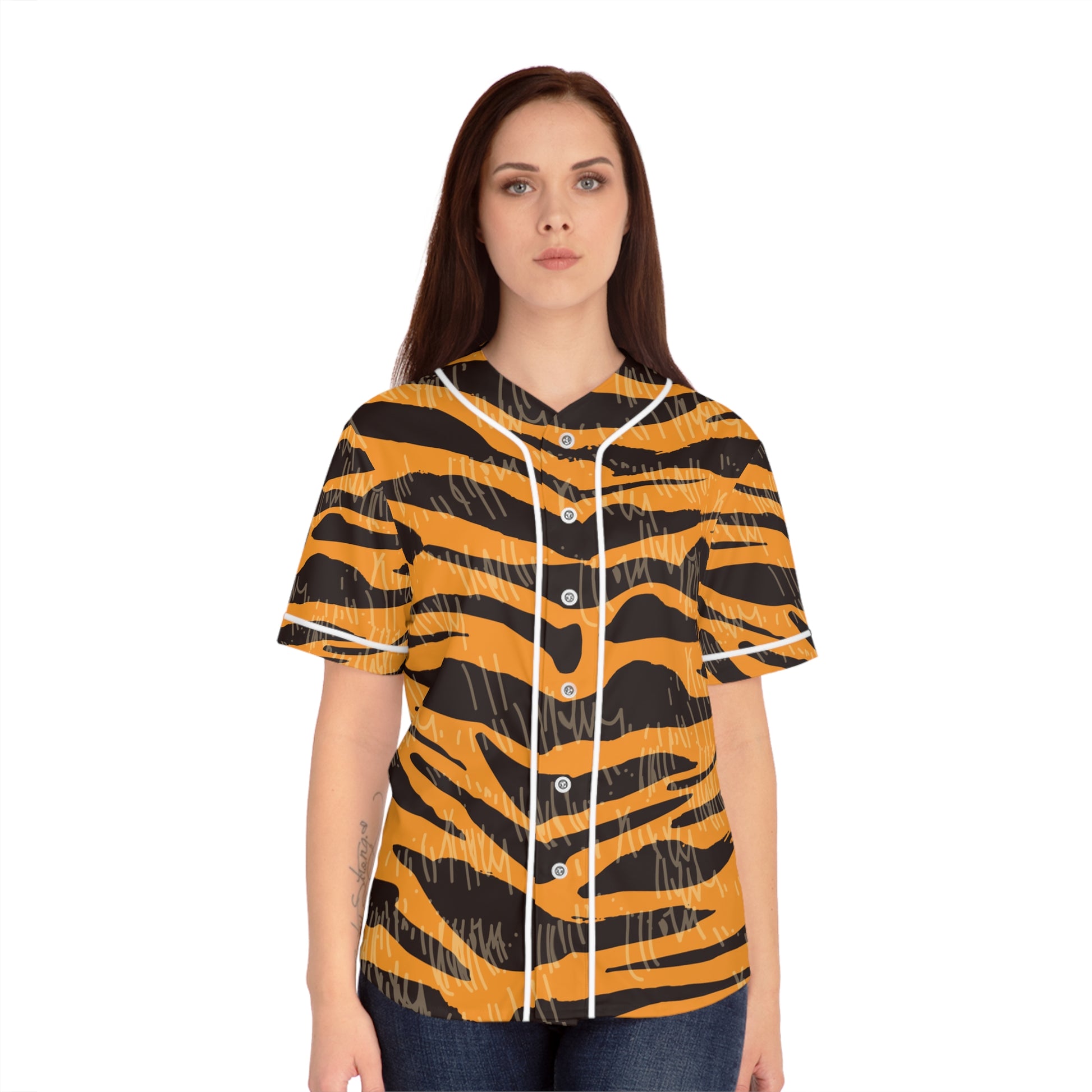 Tiger Scratches Orange & Black Women's Baseball Jersey (AOP), Artsulli - Art is Long, Life is Short, All Over Prints, , , , , , , 