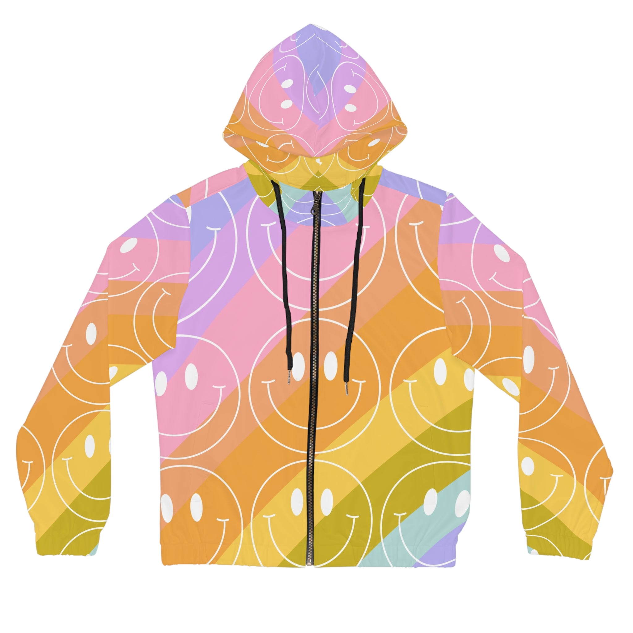 Smiley Face x Rainbow Stripes Multi-Color Women’s Full-Zip Hoodie (AOP), Artsulli - Art is Long, Life is Short, All Over Prints, Size, XS, Color, Black, , , 14778950110374154641