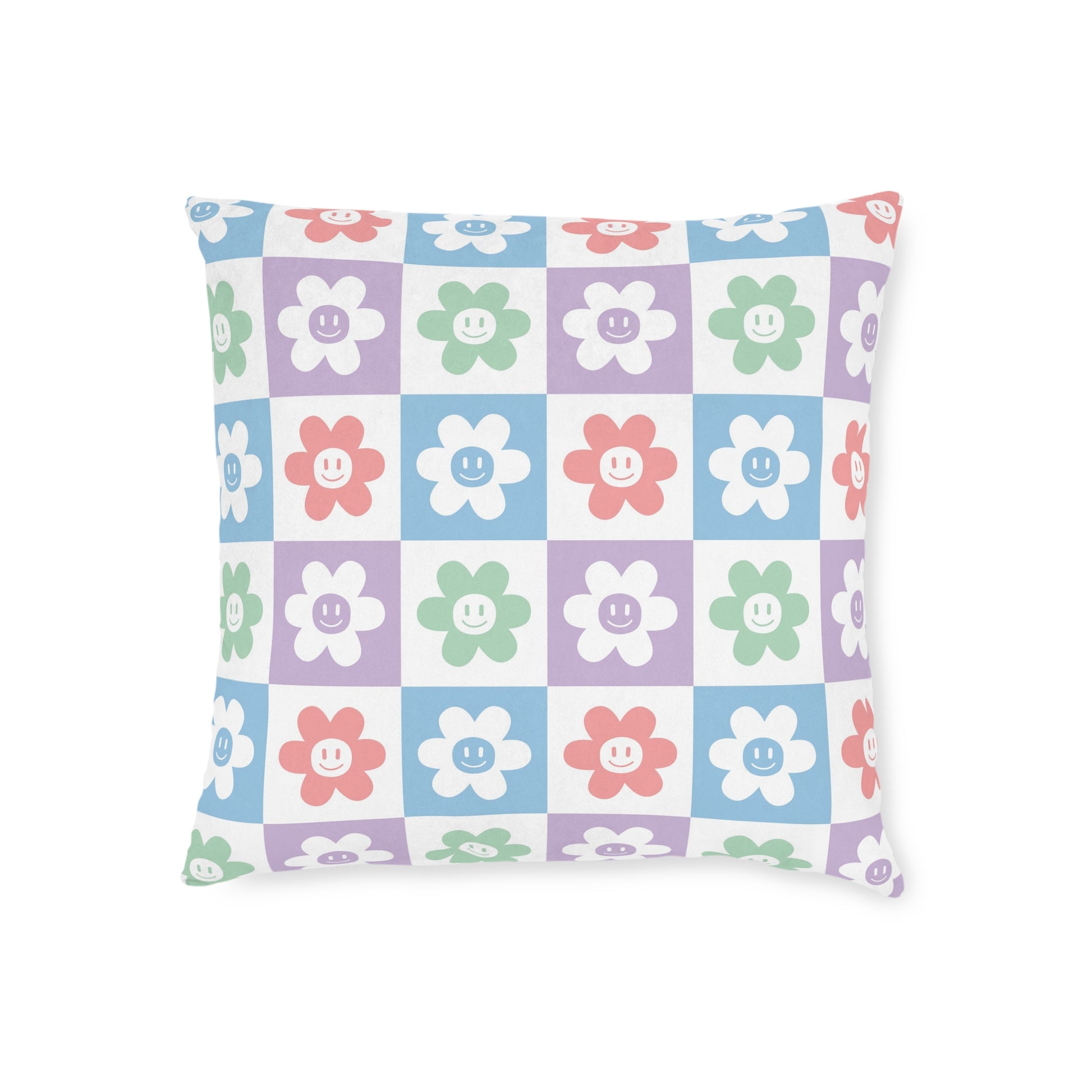 Chessboard x Smiley Face Flowers II Multi-Color Square Pillow - Pink Back, Artsulli - Art is Long, Life is Short, Home Decor, Size, 18" × 18", , , , , 13772792695878847527