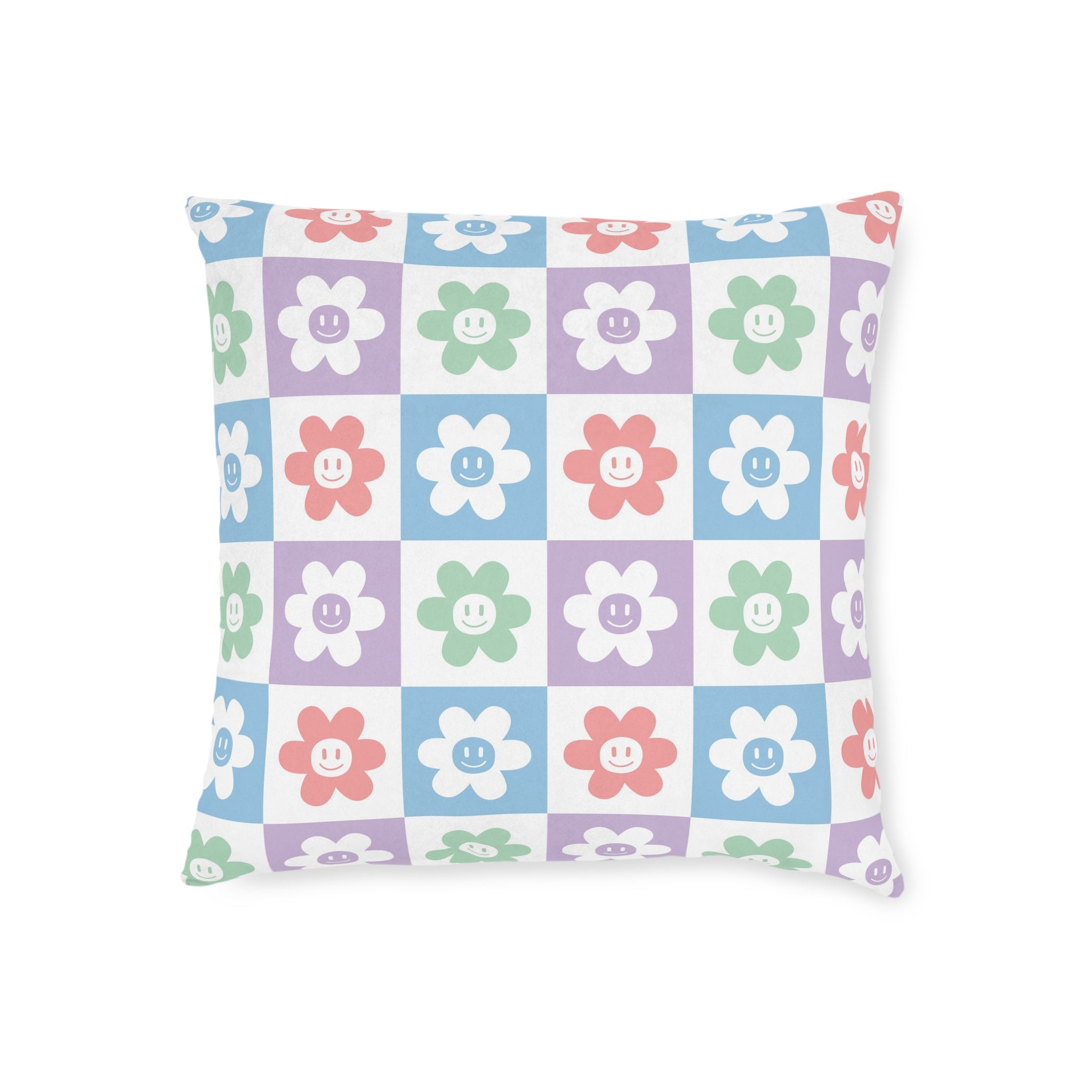 Chessboard x Smiley Face Flowers II Multi-Color Square Pillow - Pink Back, Artsulli - Art is Long, Life is Short, Home Decor, Size, 18" × 18", , , , , 13772792695878847527