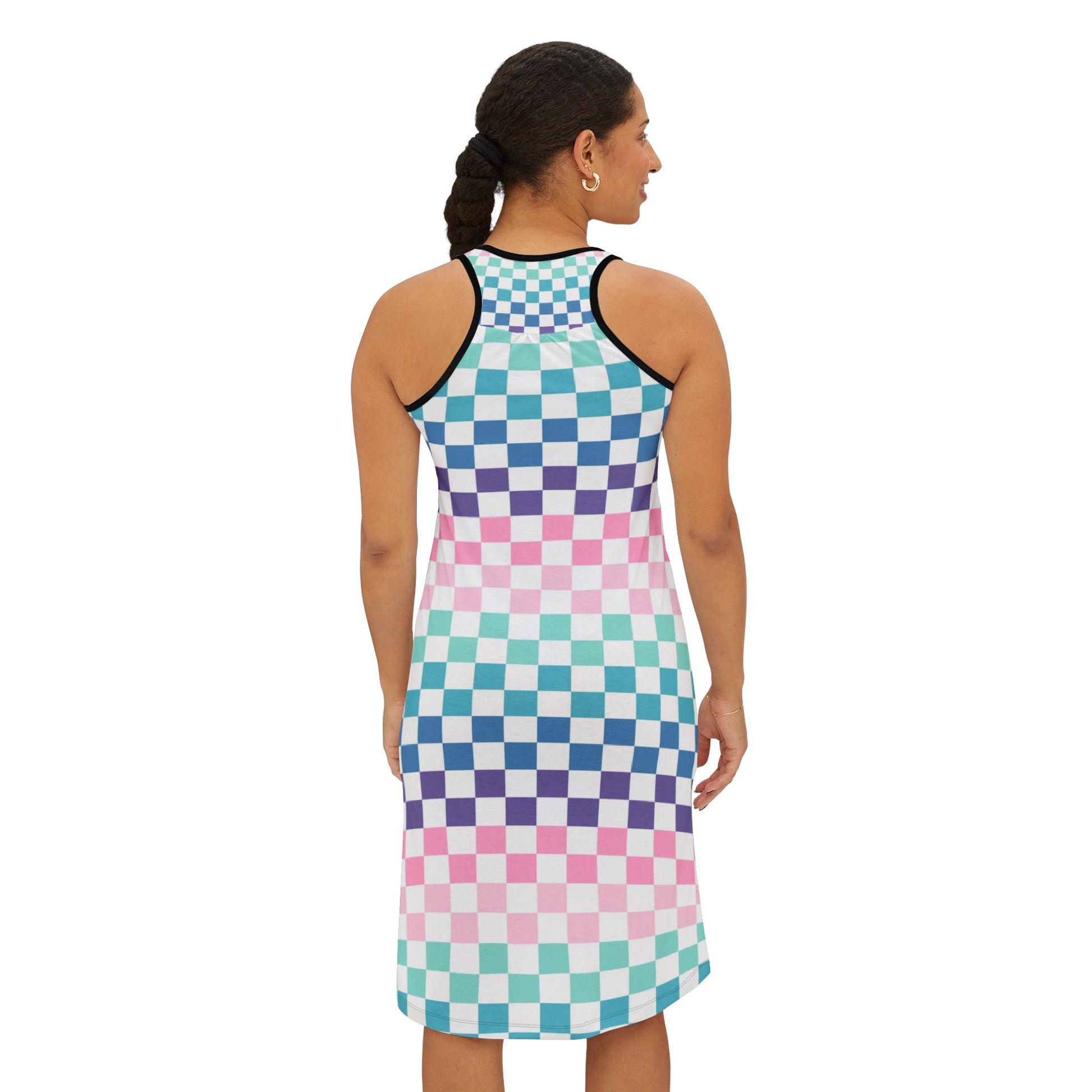 Vaporwave Rainbow  Checkerboard Multi-Color Women's Racerback Dress (AOP), Artsulli - Art is Long, Life is Short, Tank Top, , , , , , , 
