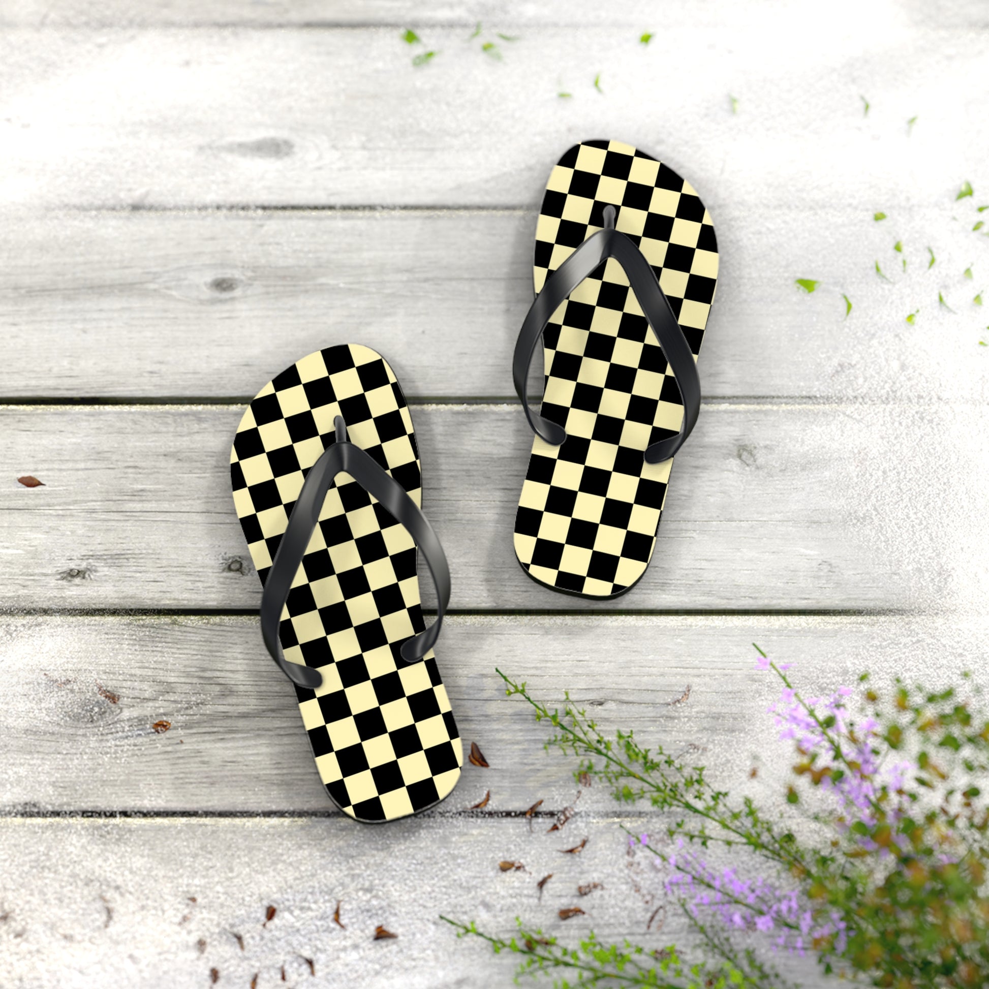 Checkerboard Black and Yellow Flip Flops, Artsulli - Art is Long, Life is Short, Shoes, , , , , , , 
