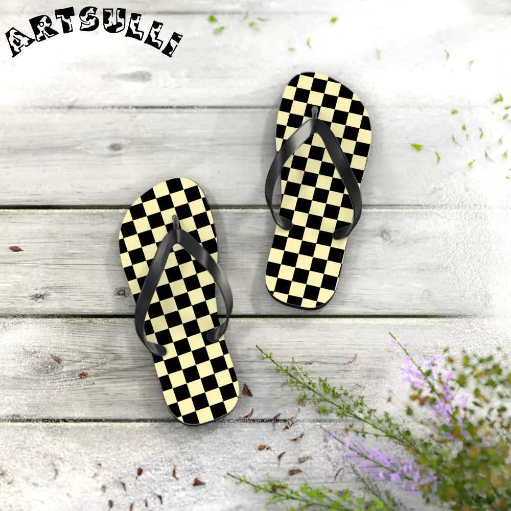JAKKOUTTHEBXX Checkerboard Black and Yellow Flip Flops JAKKOUTTHEBXX