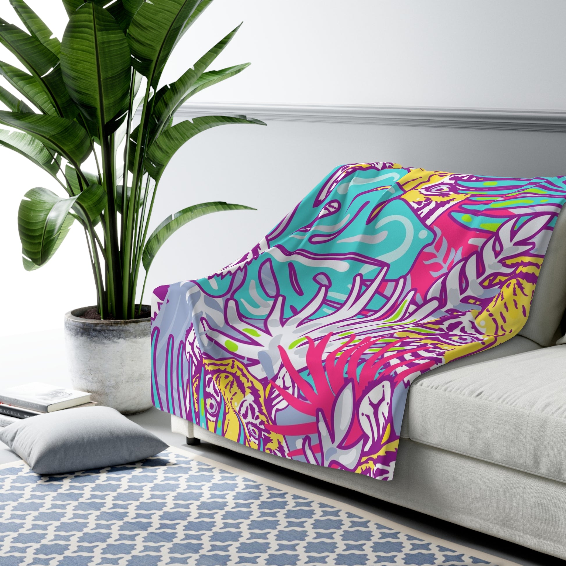 Tropical Floral Tigers Torquise and Purple Sherpa Fleece Blanket, Artsulli - Art is Long, Life is Short, Home Decor, , , , , , , 