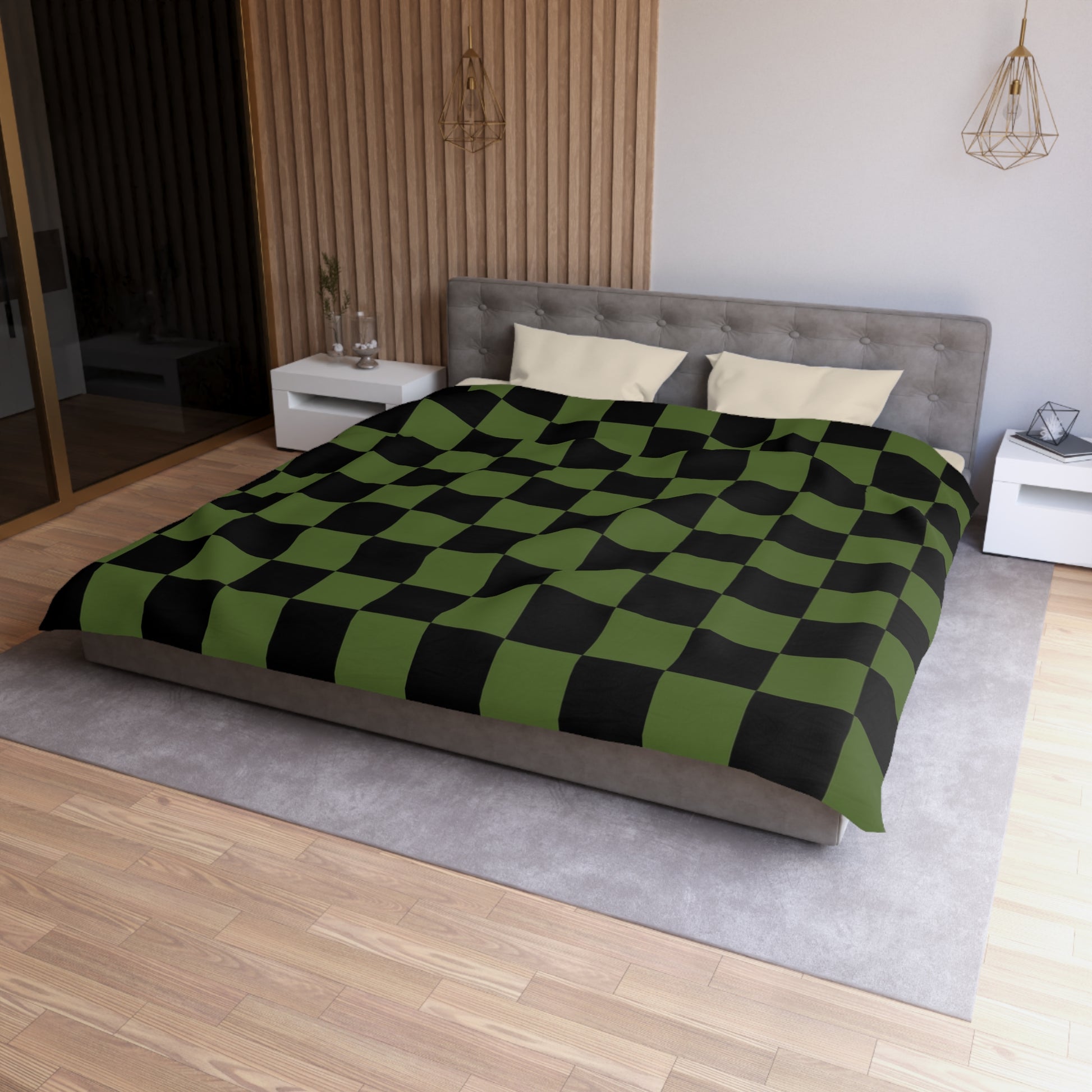 Checkerboard Olive Green and Black Microfiber Duvet Cover, Artsulli - Art is Long, Life is Short, Home Decor, , , , , , , 