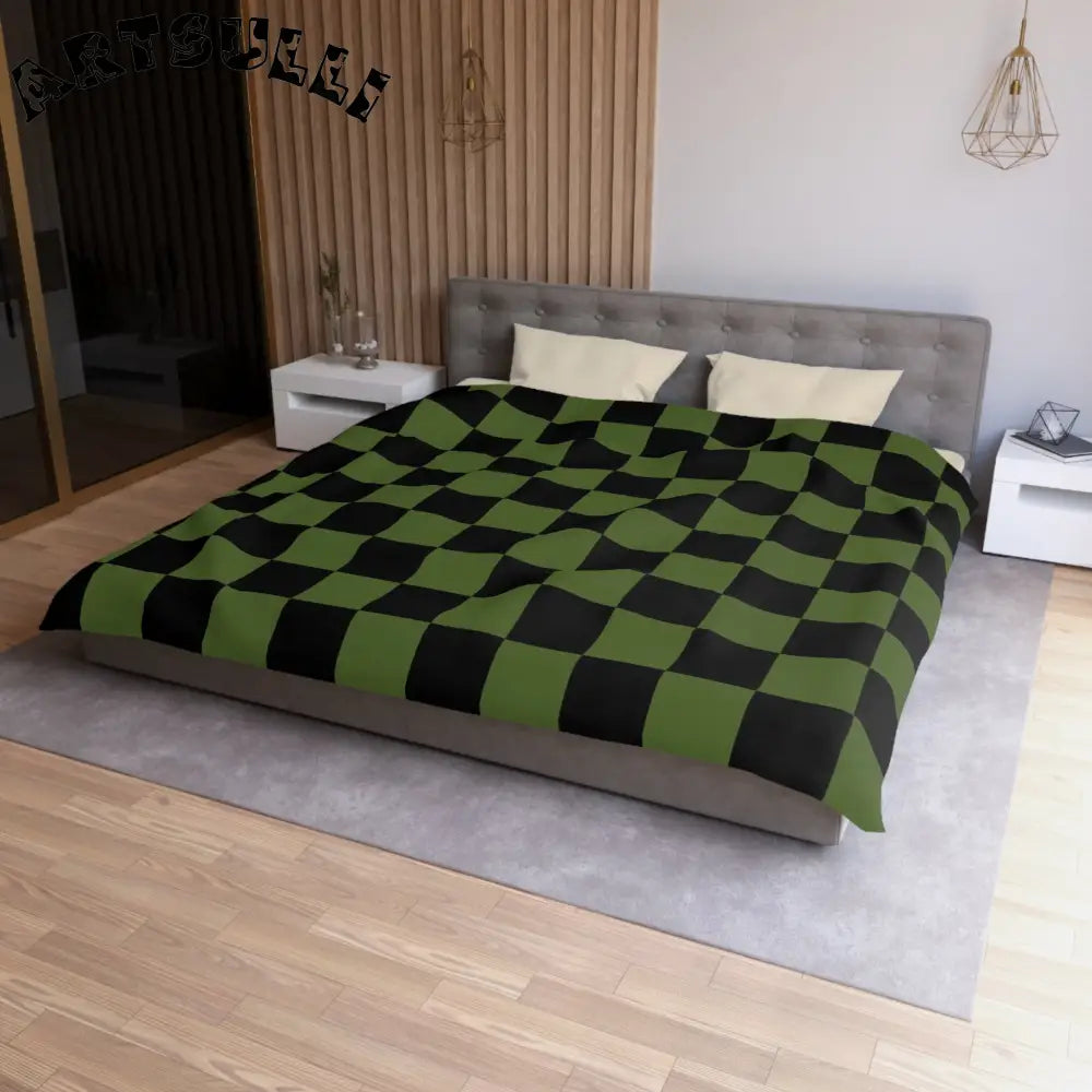 JAKKOUTTHEBXX Checkerboard Olive Green and Black Microfiber Duvet