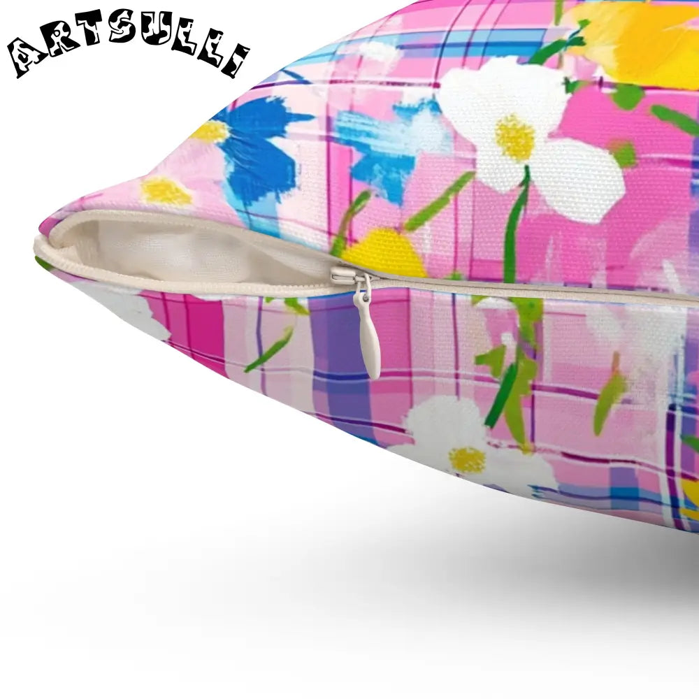 JAKKOUTTHEBXX Plaid Garden III Pink and Blue Spun Polyester Square