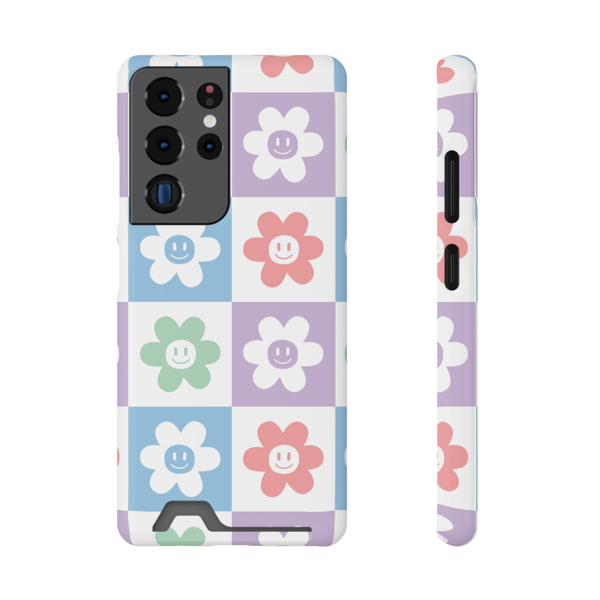 Chessboard x Smiley Face Flowers Multi-Color Phone Case With Card Holder, Artsulli - Art is Long, Life is Short, Phone Case, Size, Samsung Galaxy S21 Ultra, Surface, Glossy, Shape, Without gift packaging, 17748255217862689495