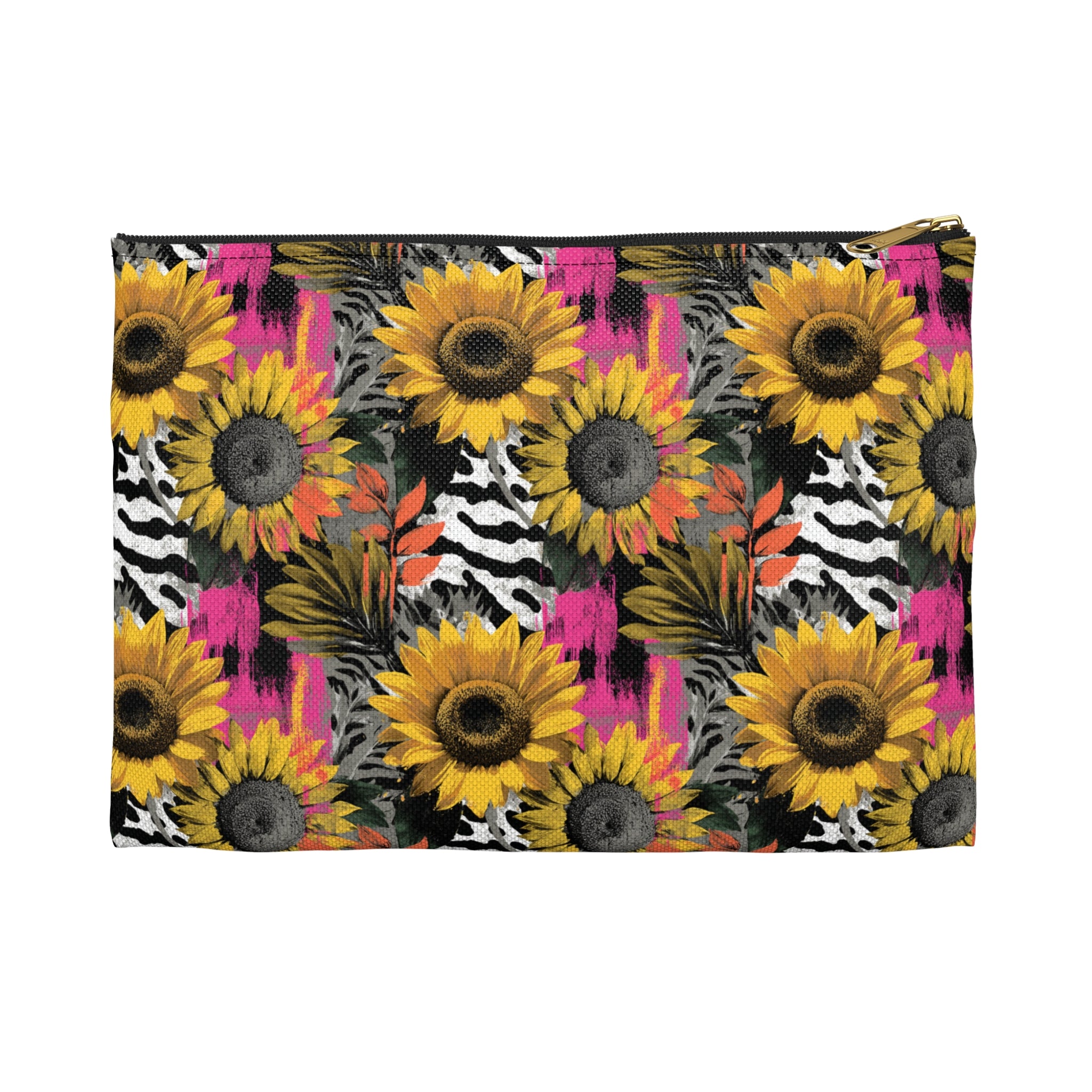 Zebra Stripes x Sunflowers II  Multi-Color Accessory Pouch, Artsulli - Art is Long, Life is Short, Bags, Size, Small, Color, Black zipper, , , 18649498532069605916