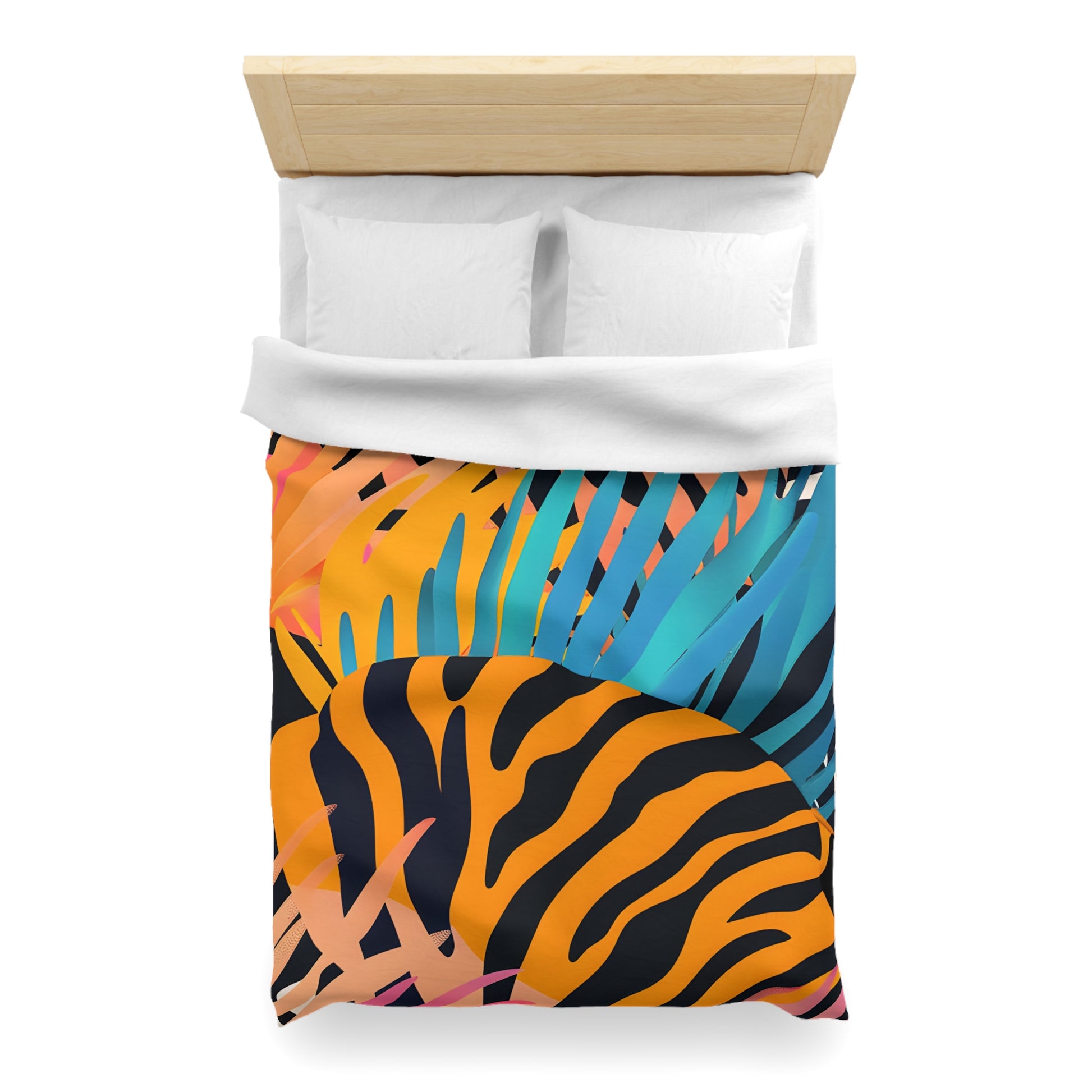Palm Leaves x Zebra Stripes x  Tiger Stripes Orange and Blue  Microfiber Duvet Cover, Artsulli - Art is Long, Life is Short, Home Decor, , , , , , , 
